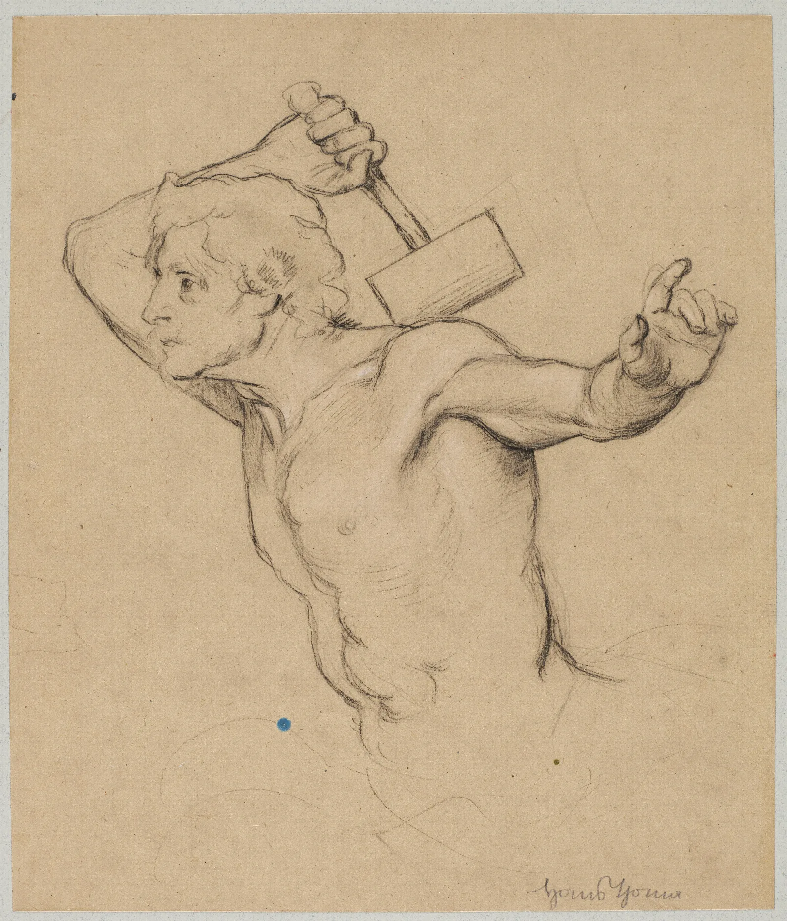Study Of A Male Nude Raising A Hammer Bust Representation Wall Art by Hans Thoma - Canvas Print