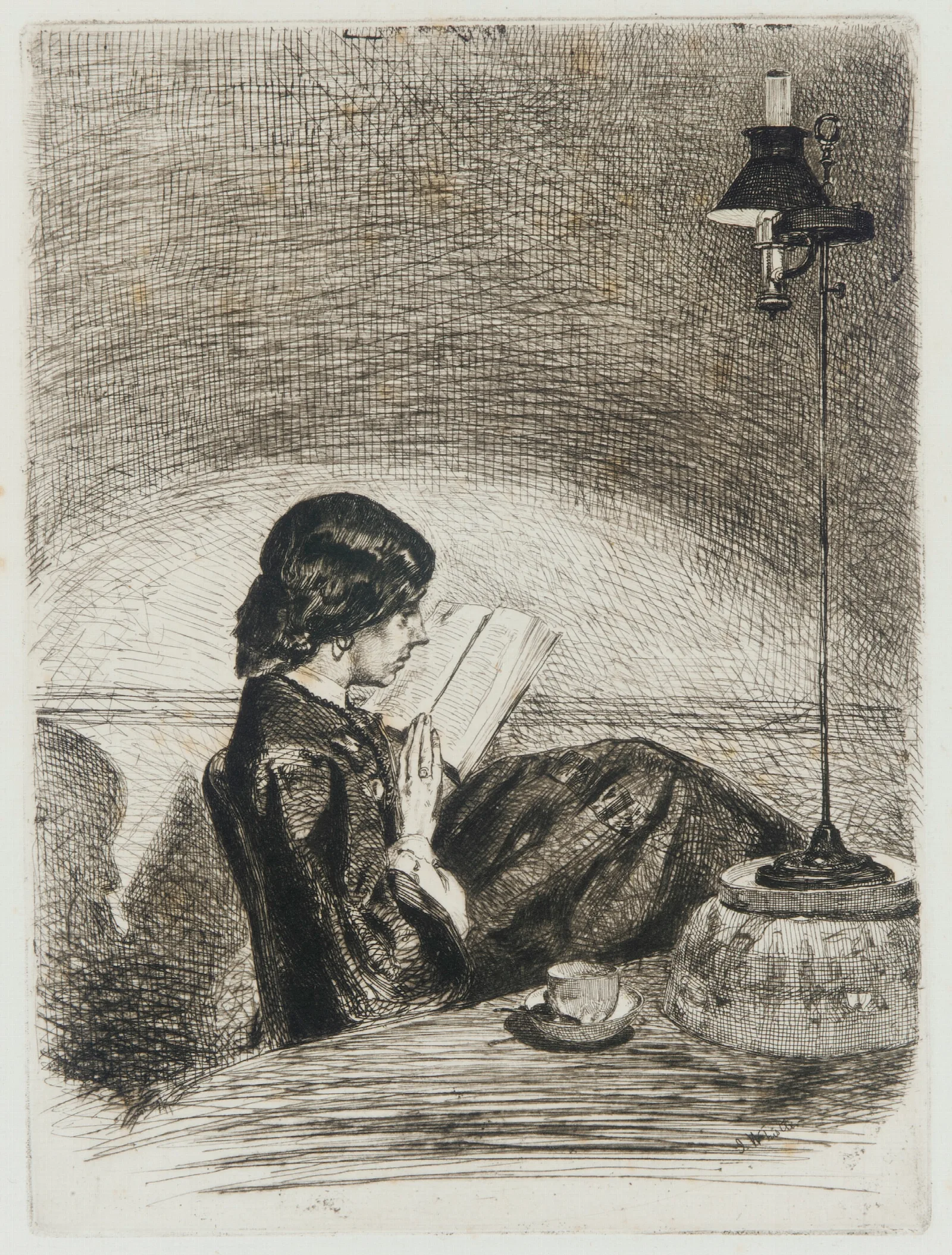 Reading By Lamplight Wall Art by James Abbott McNeill Whistler - Canvas Print