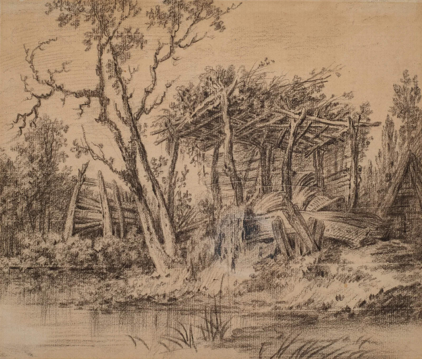 A Wooden Shelter In Picturesque Decay By A River Wall Art by François Boucher - Canvas Print