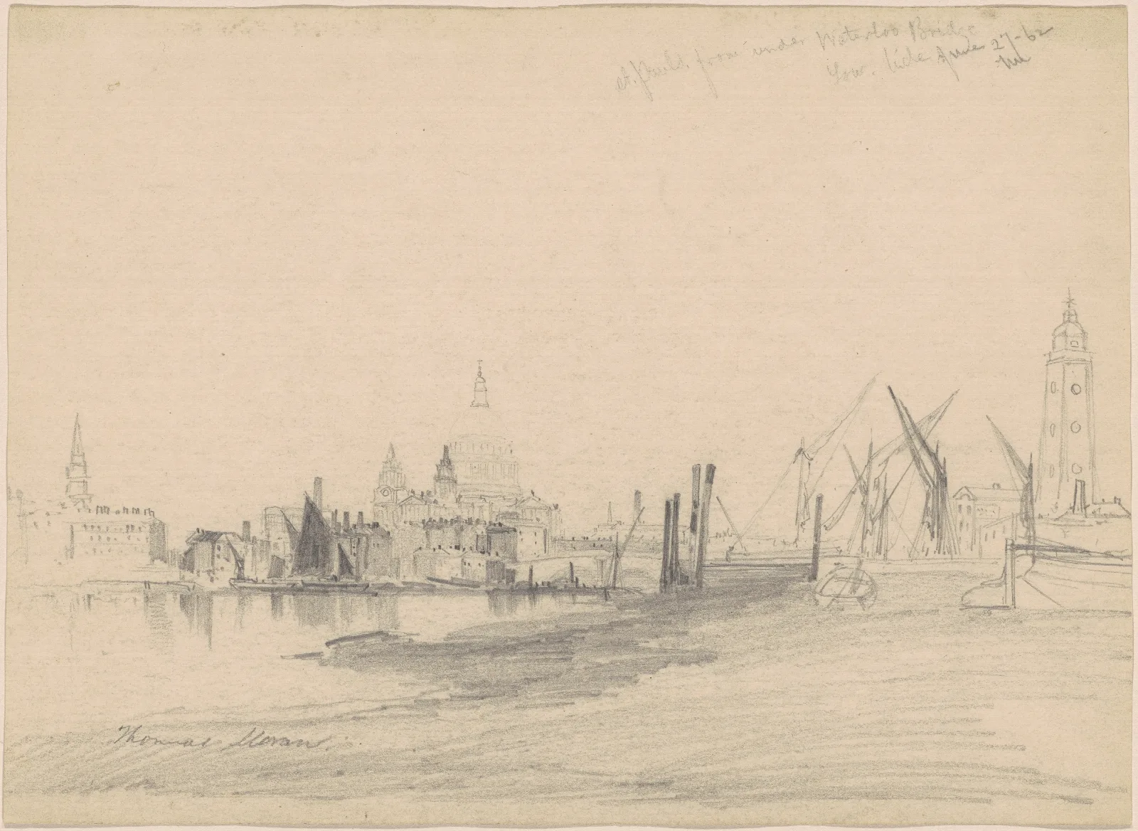 St Pauls From Under Waterloo Bridge Low Tide Wall Art by Thomas Moran - Canvas Print