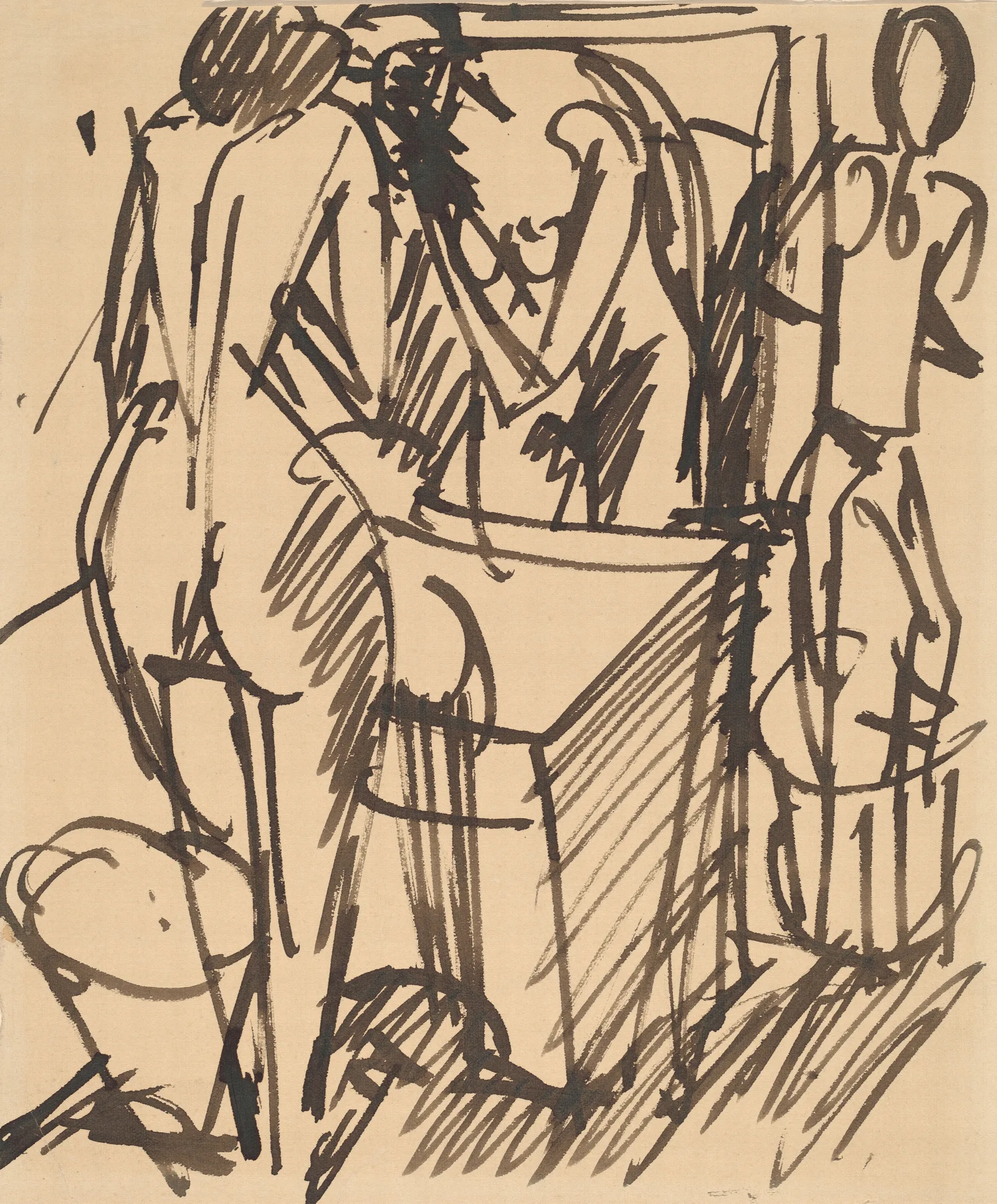 Nude With A Mirror Standing Before A Washstand Wall Art by Ernst Ludwig Kirchner - Canvas Print
