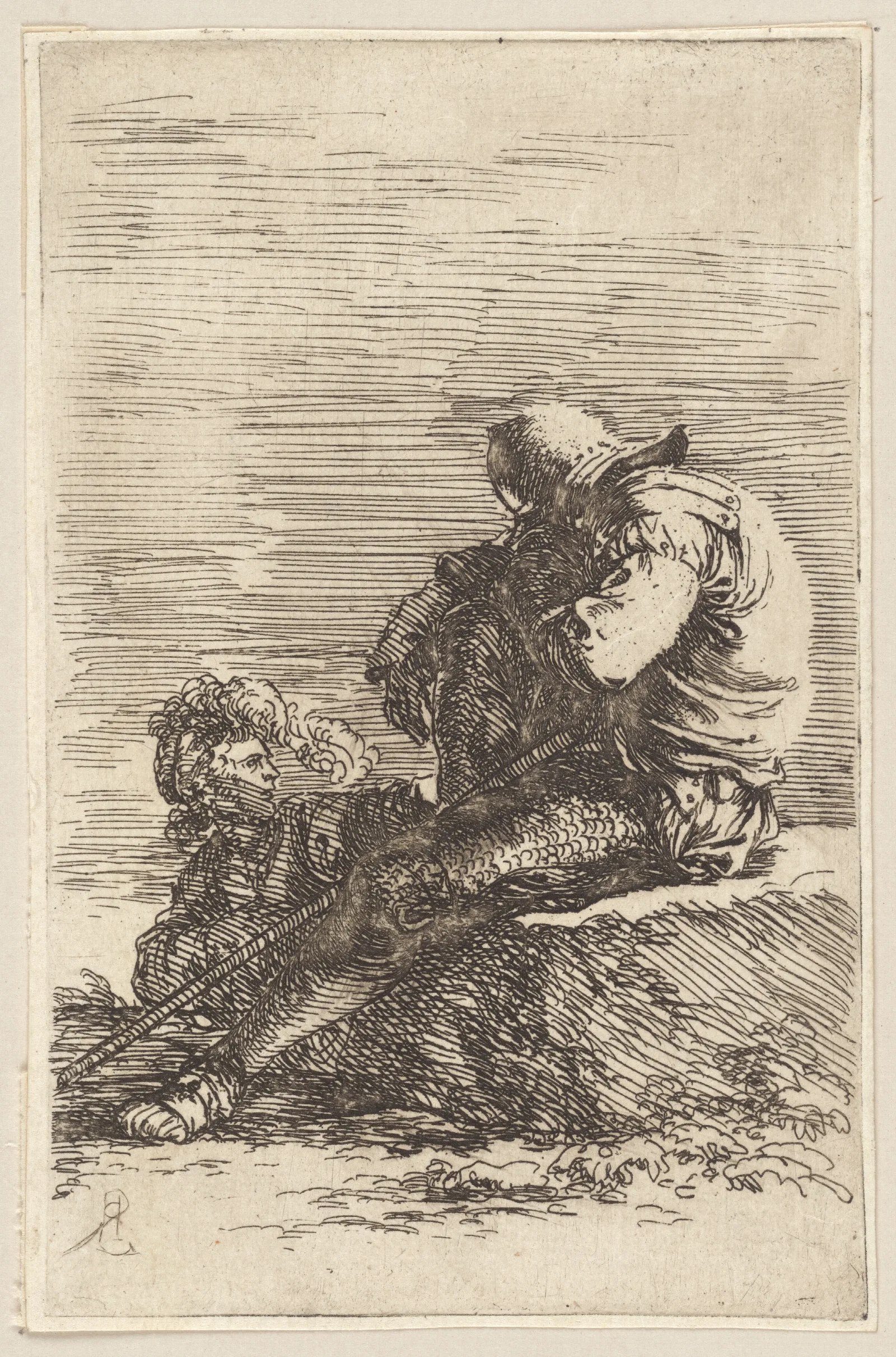 Two Soldiers One Seated On A Ledge Holding A Cane Wall Art by Salvator Rosa - Canvas Print