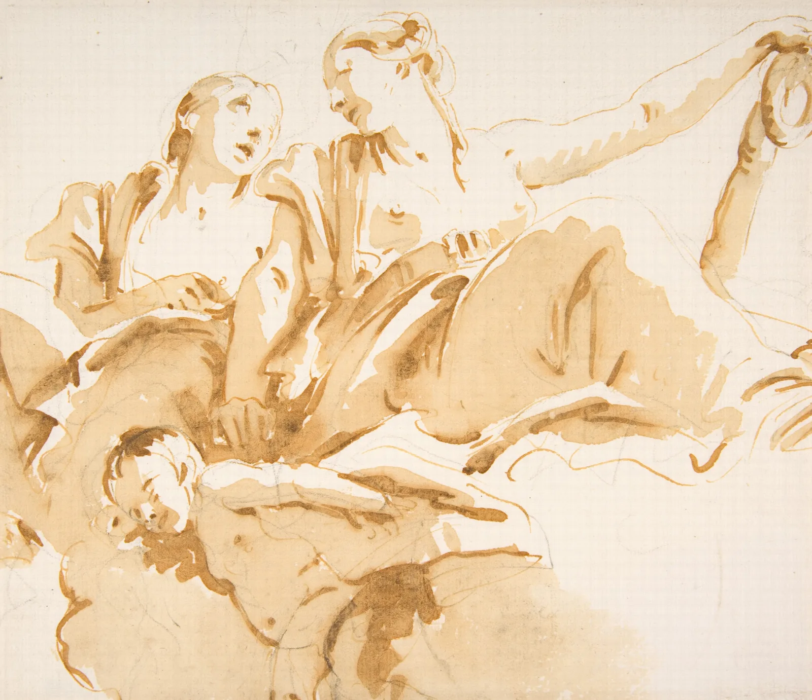 Two Women One Holding An Anchor And A Putto On Clouds Wall Art by Giovanni Battista Tiepolo - Canvas Print