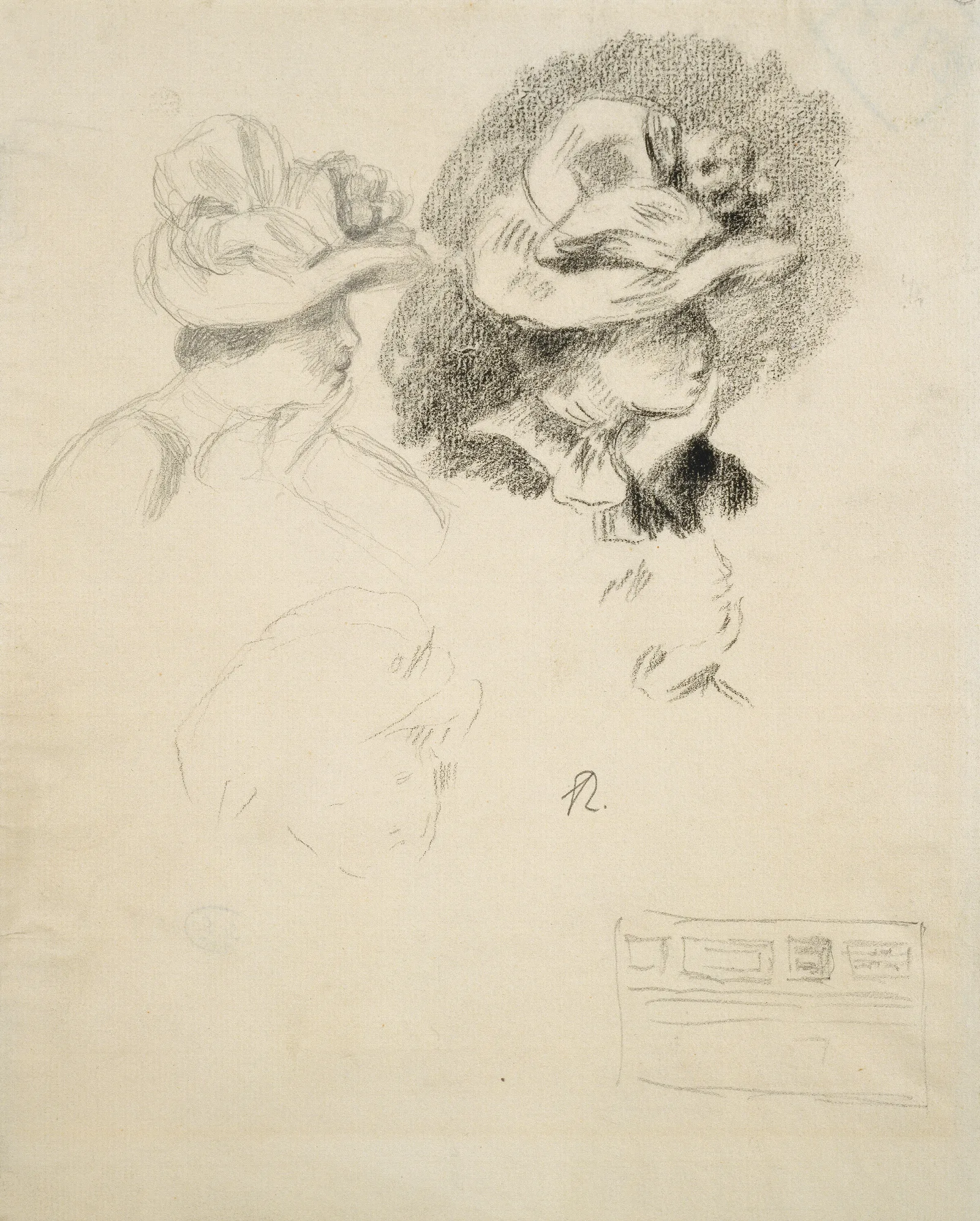 Studienblatt Frau Mit Hut Und Skizze Einer Bilderwand Wall Art by Pierre-Auguste Renoir - Canvas Print