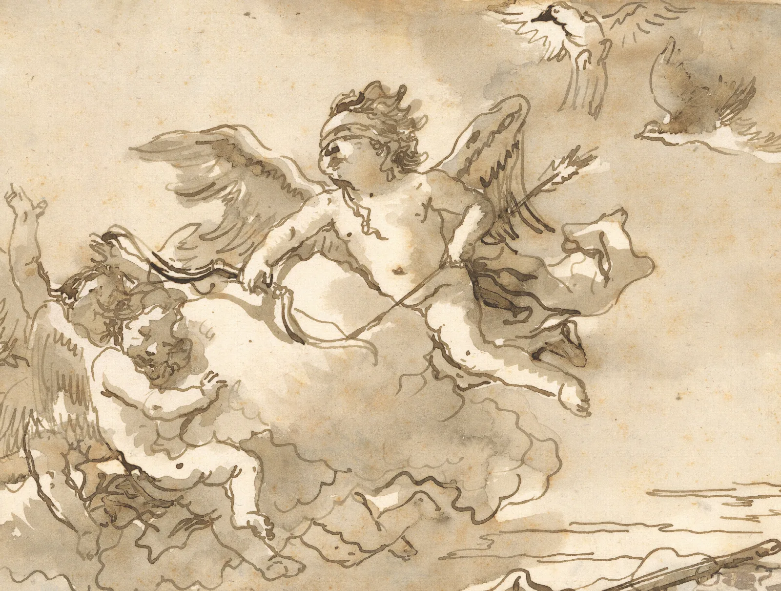 Cupid Blindfolded On A Cloud Supported By Two Attendant Putti Wall Art by Giovanni Domenico Tiepolo - Canvas Print