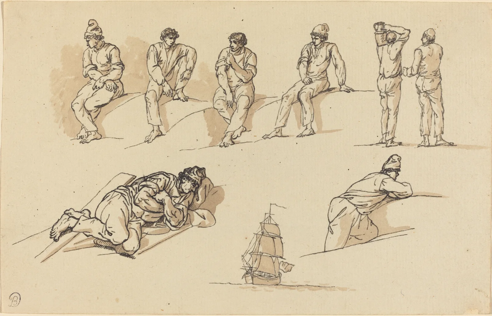 Eight Studies Of Figures And A Ship At Sea Wall Art by Claude-Joseph Vernet - Canvas Print