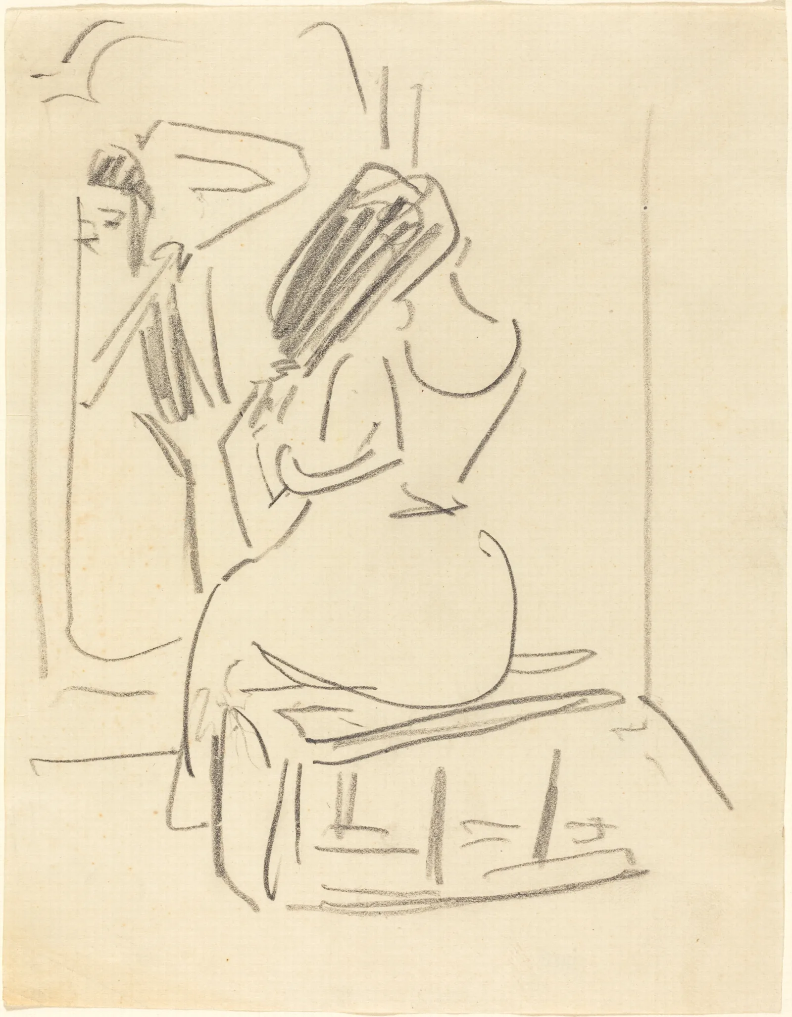 A Woman Combing Her Hair In Front Of A Mirror Wall Art by Ernst Ludwig Kirchner - Canvas Print