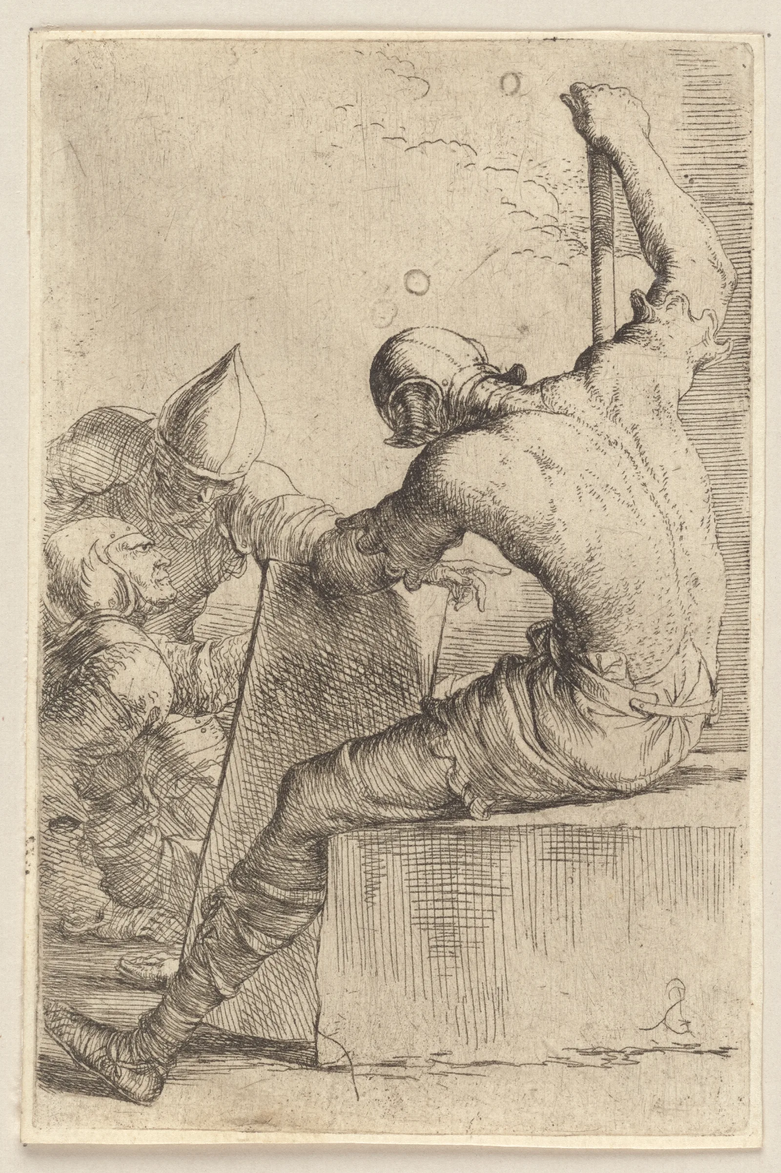Three Soldiers One Seated And Supporting Himself With A Cane And Shield Wall Art by Salvator Rosa - Canvas Print