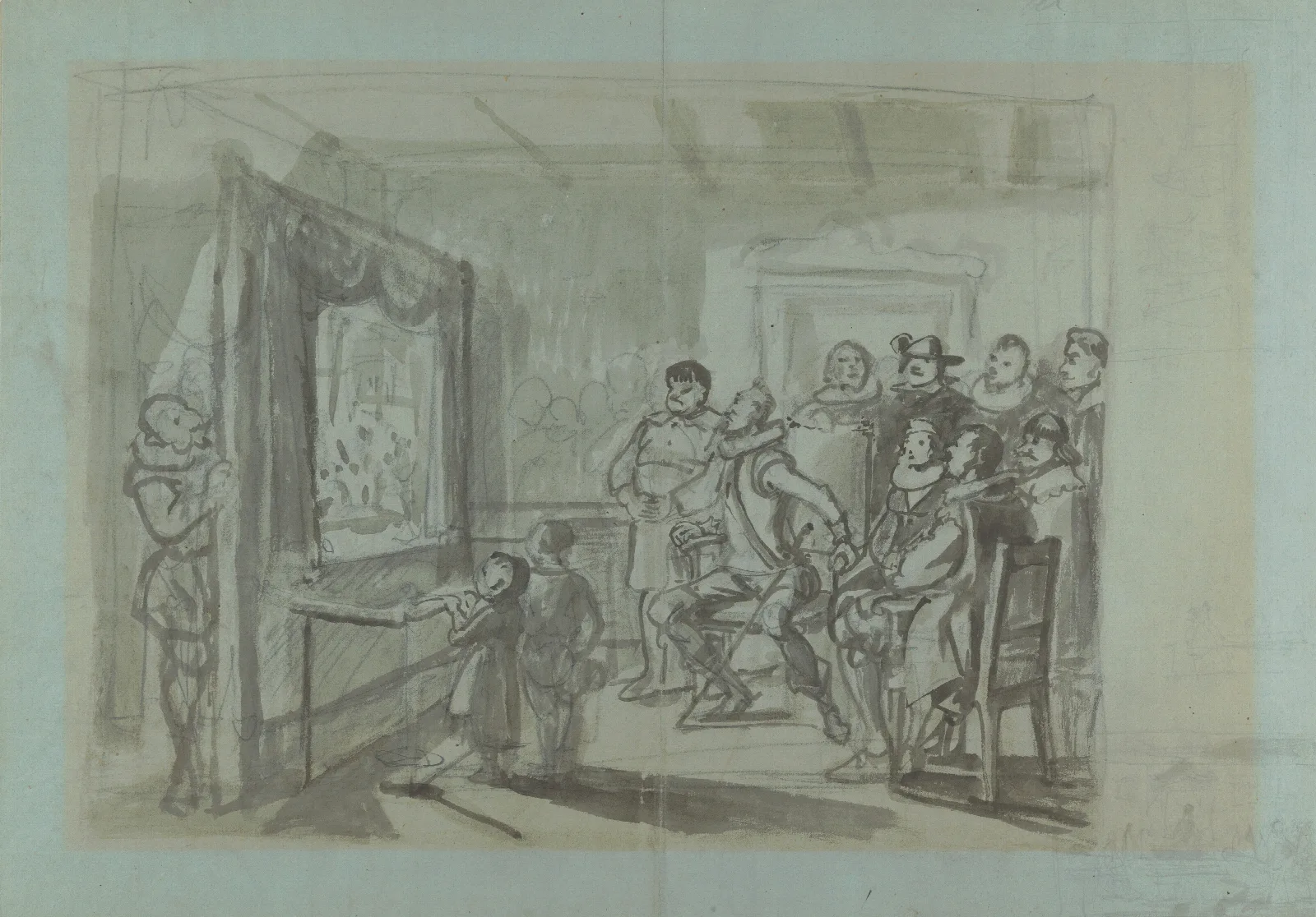 Don Quixote And Others Attending Master Peters Puppet Show Wall Art by Wilhelm Marstrand - Canvas Print
