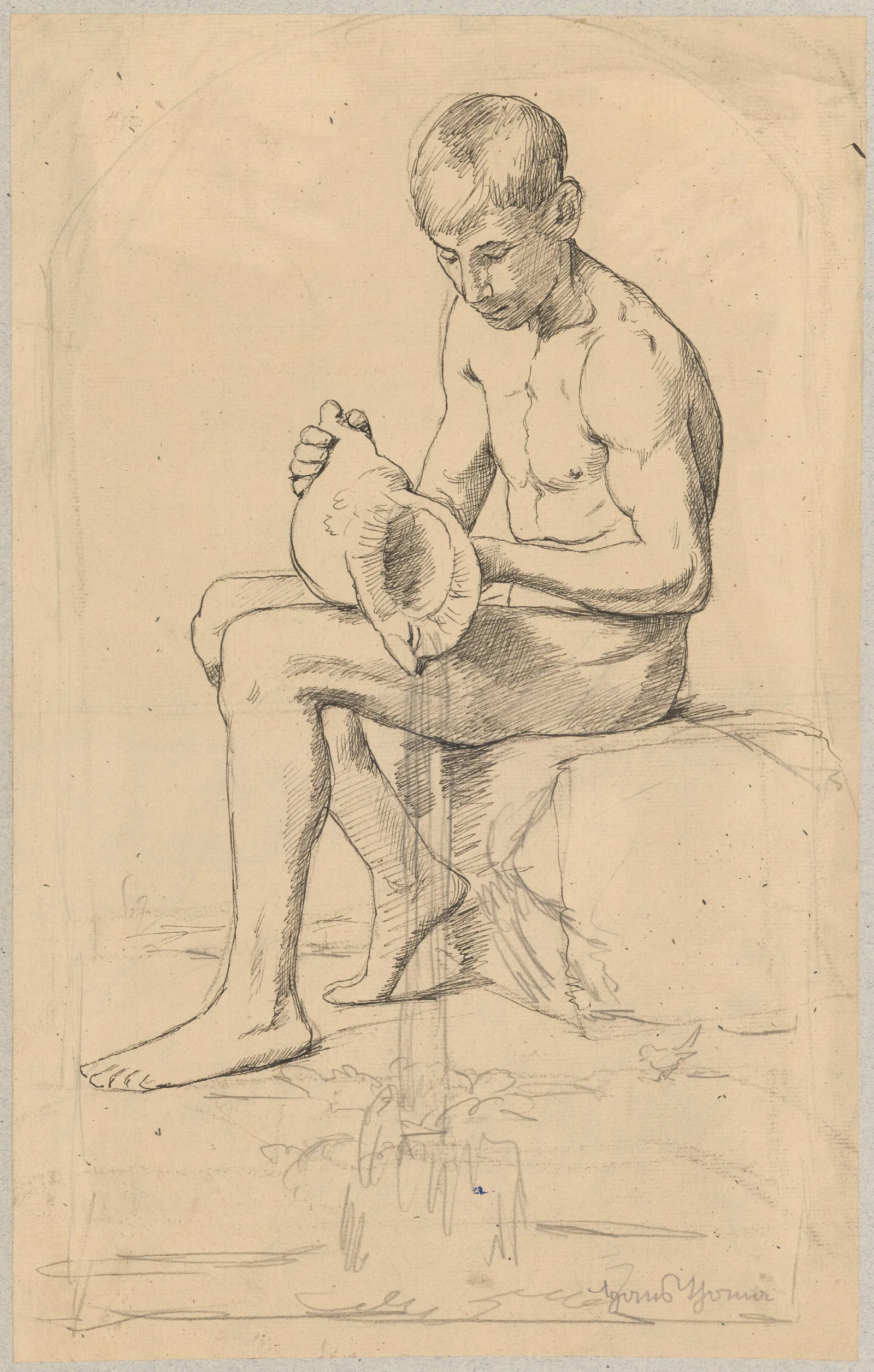 Study Of A Naked Boy Sitting On A Stone And Pouring Water Out Of A Shell Wall Art by Hans Thoma - Canvas Print