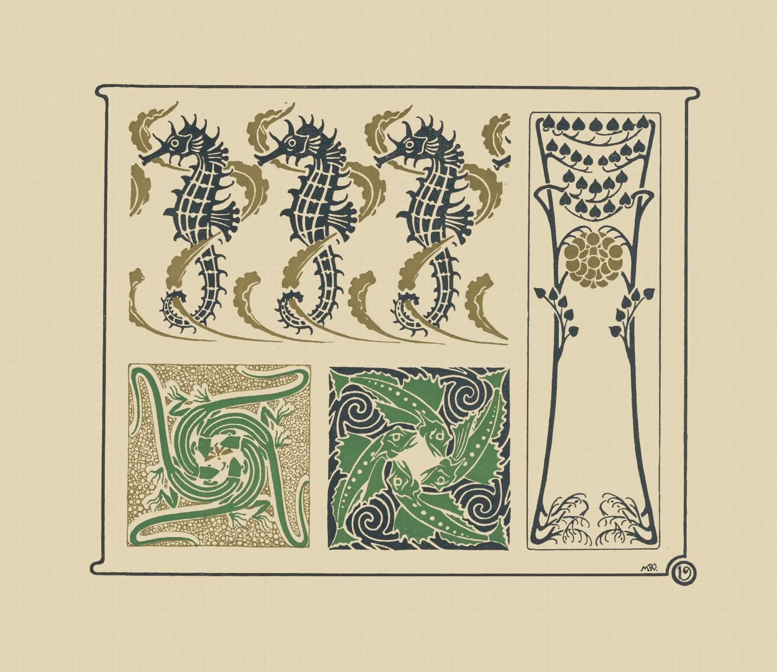 Abstract Design Based On Seahorses Fish Lizards Tiny Leaves Wall Art by Maurice Pillard Verneuil - Canvas Print
