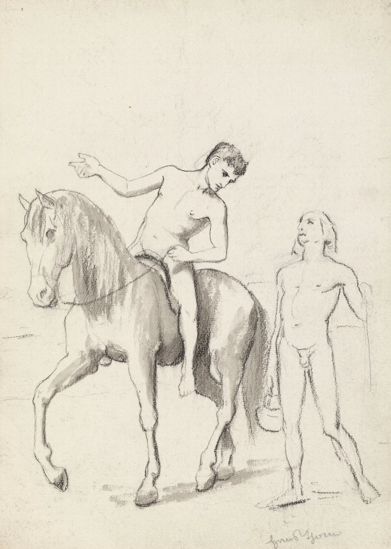 Nude Man Riding A Horse Leaning Over An Accompanying Him Nude Young Man With A Basket Wall Art by Hans Thoma - Canvas Print
