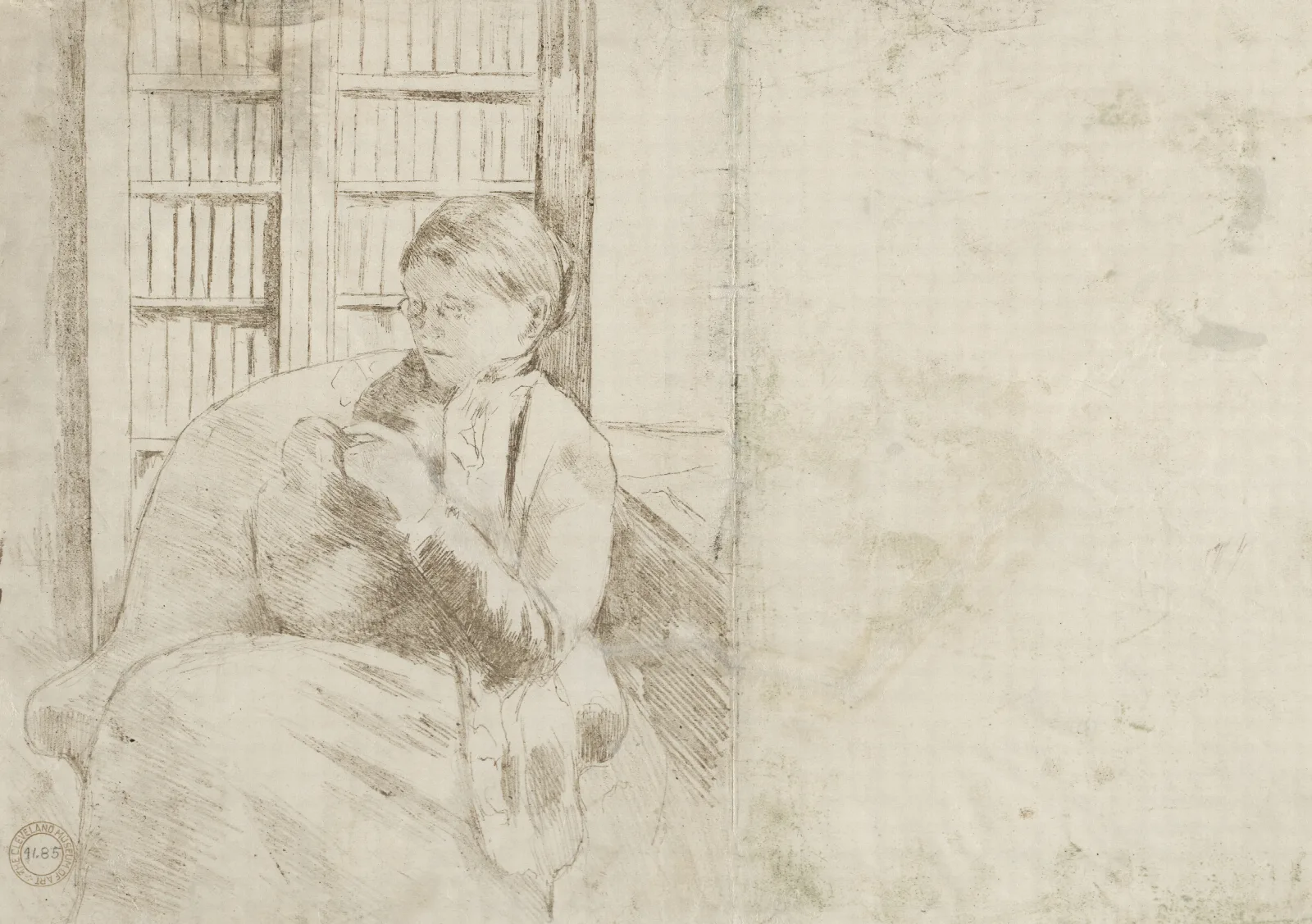 Knitting In The Library Verso Wall Art by Mary Cassatt - Canvas Print