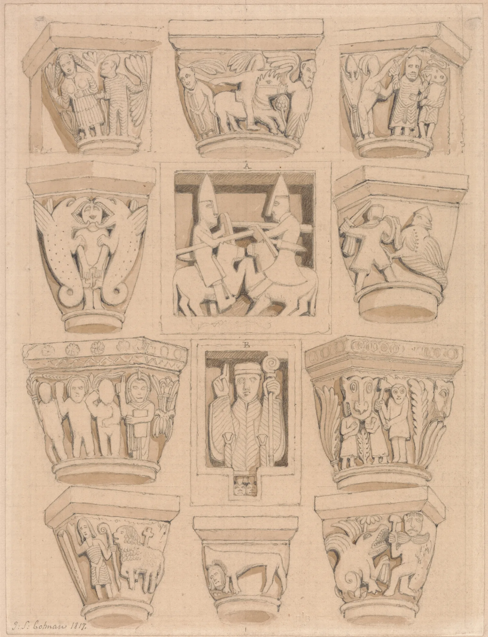 Capitals And A B Bas Reliefs In The Abbey Church Of Saint Georges De Bocherville Near Rouen Normandy Wall Art by John Sell Cotman - Canvas Print