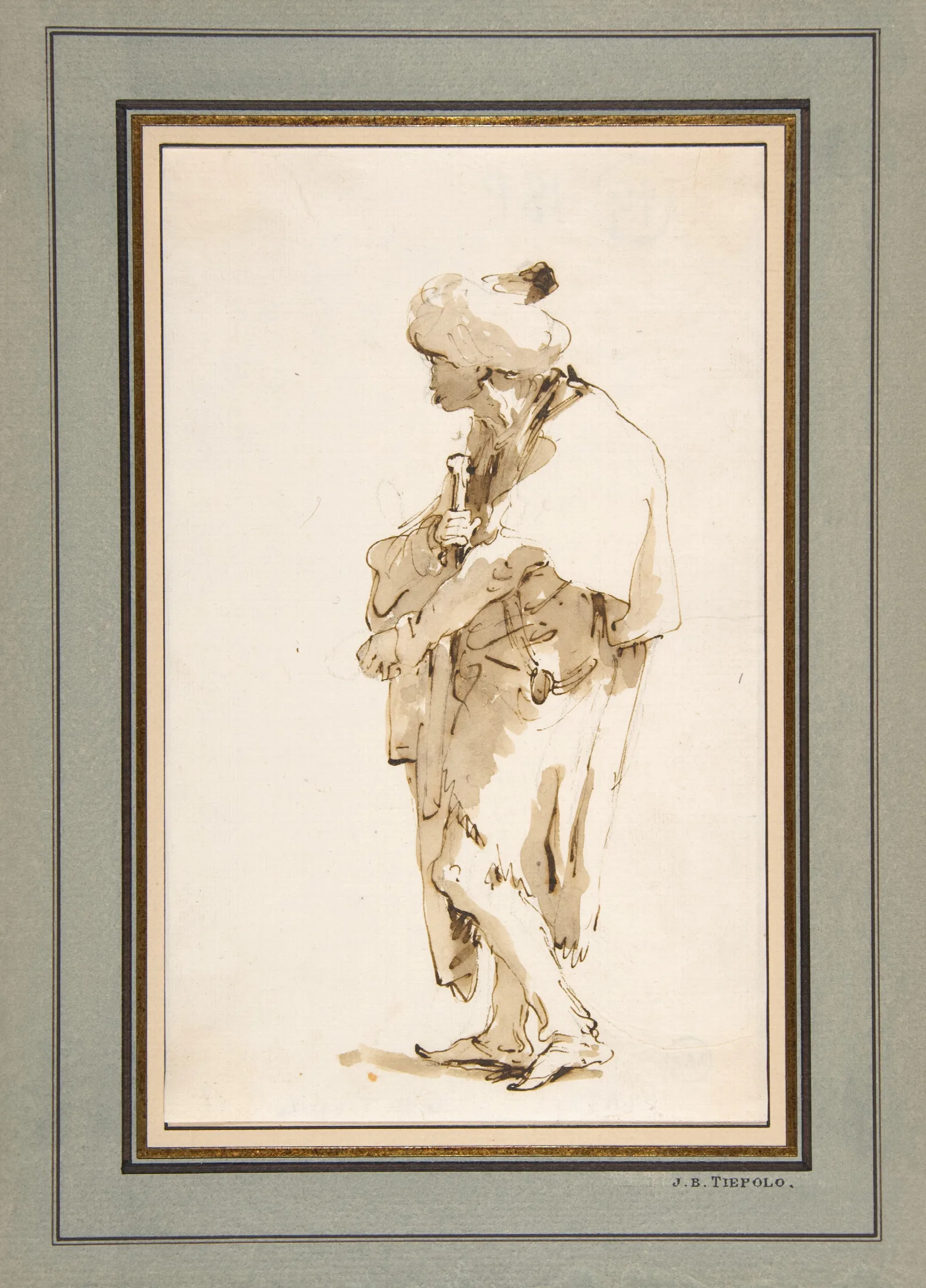 Standing Man In A Turban Holding A Sword Wall Art by Giovanni Battista Tiepolo - Canvas Print