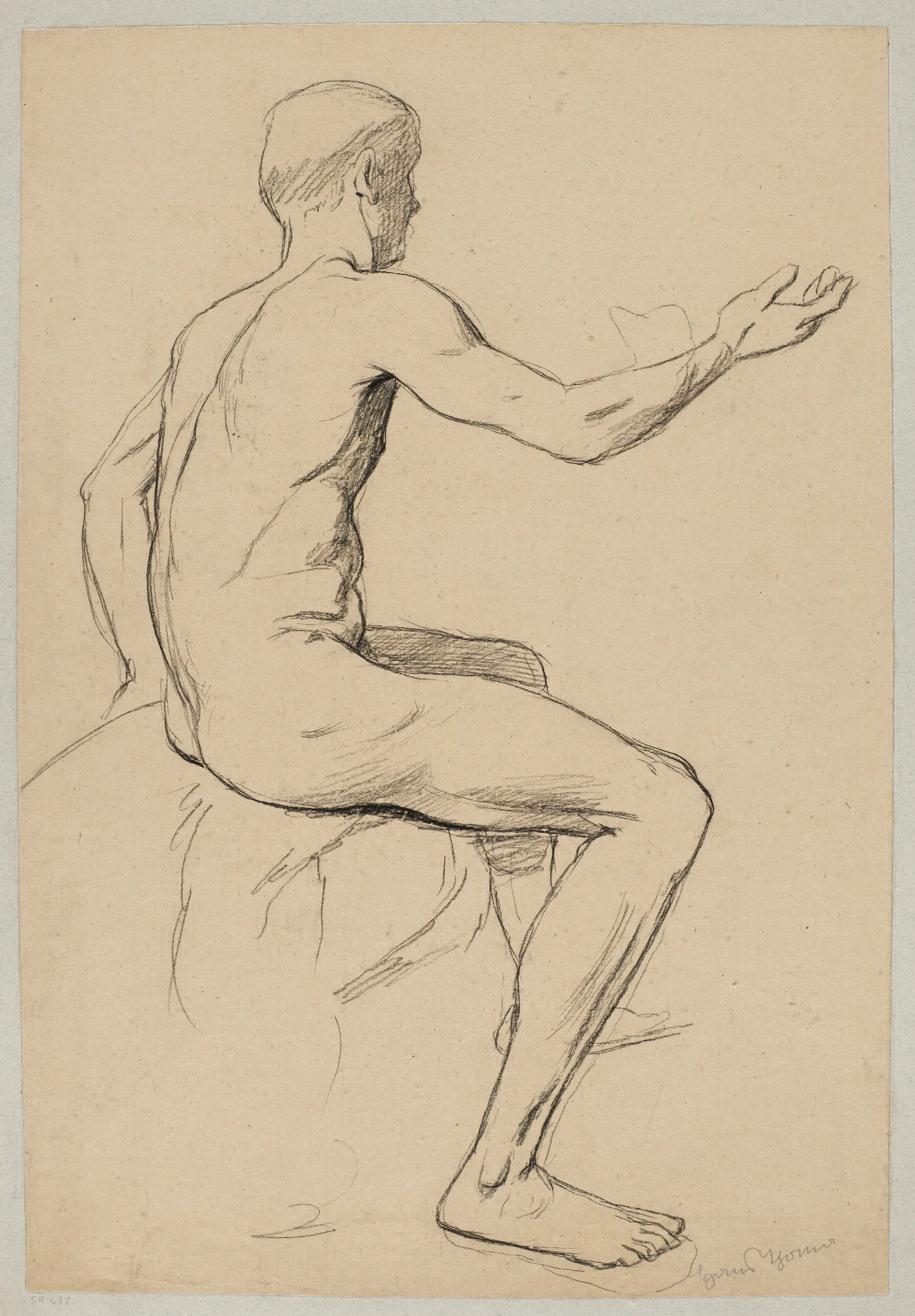 Nude Male Sitting With His Right Hand Extended Shown In Profile Wall Art by Hans Thoma - Canvas Print