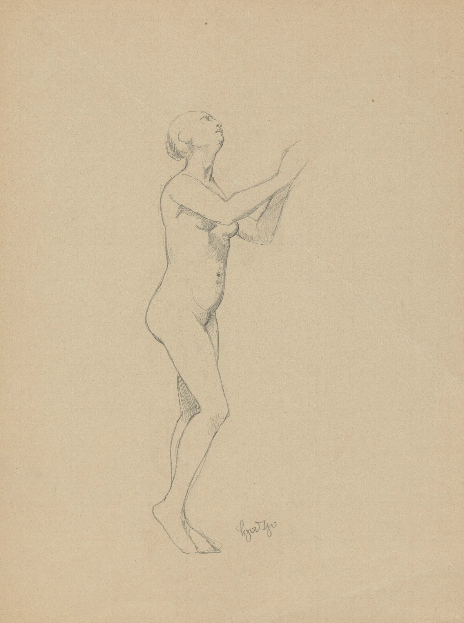 Nude Of A Standing Woman Arms Raised In A Gesture Of Prayer Wall Art by Hans Thoma - Canvas Print