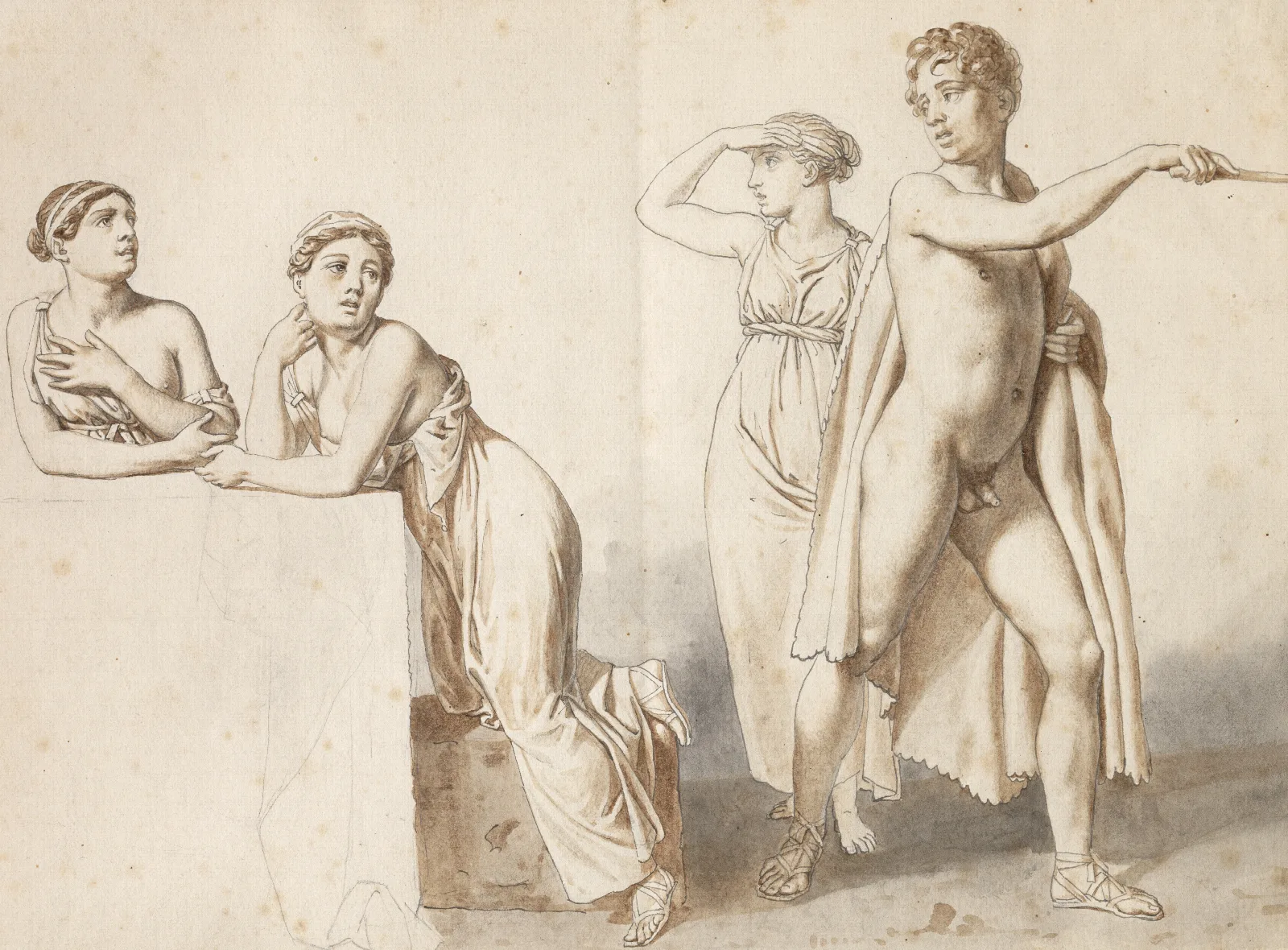 Fire Studiefigurer Tre Kvindelige Og En Mandlig I Antikke Dragter Wall Art by Christoffer Wilhelm Eckersberg - Canvas Print