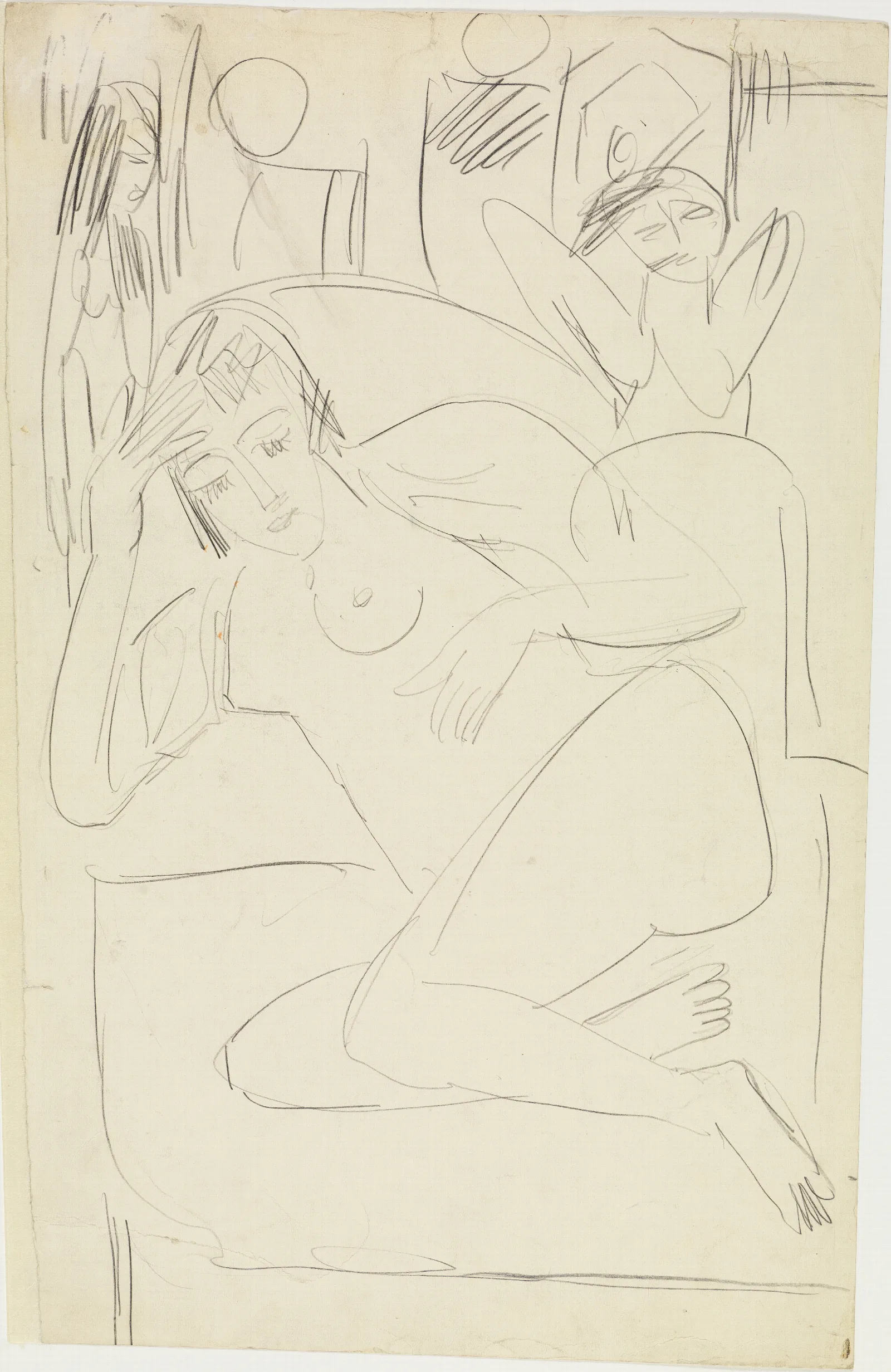 Im Sessel Kauernder Weiblicher Akt Mit Holzfiguren Wall Art by Ernst Ludwig Kirchner - Canvas Print
