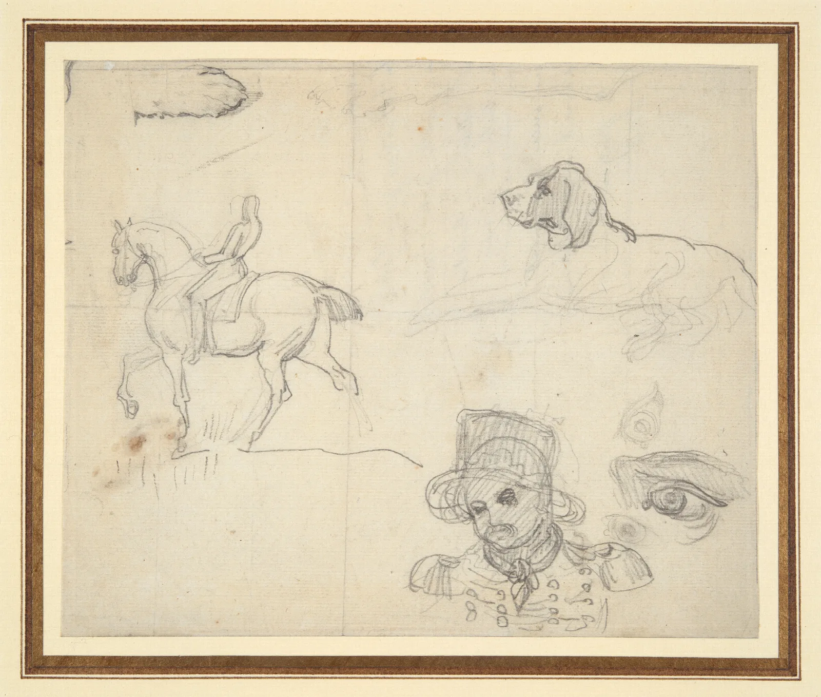 Page Of Sketches Equestrian Dog Soldiers Head Wall Art by Théodore Géricault - Canvas Print