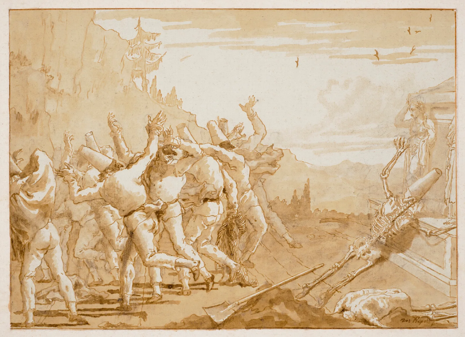 The Apparition Of The Skeleton Of Punchinello Before His Tomb Wall Art by Giovanni Domenico Tiepolo - Canvas Print