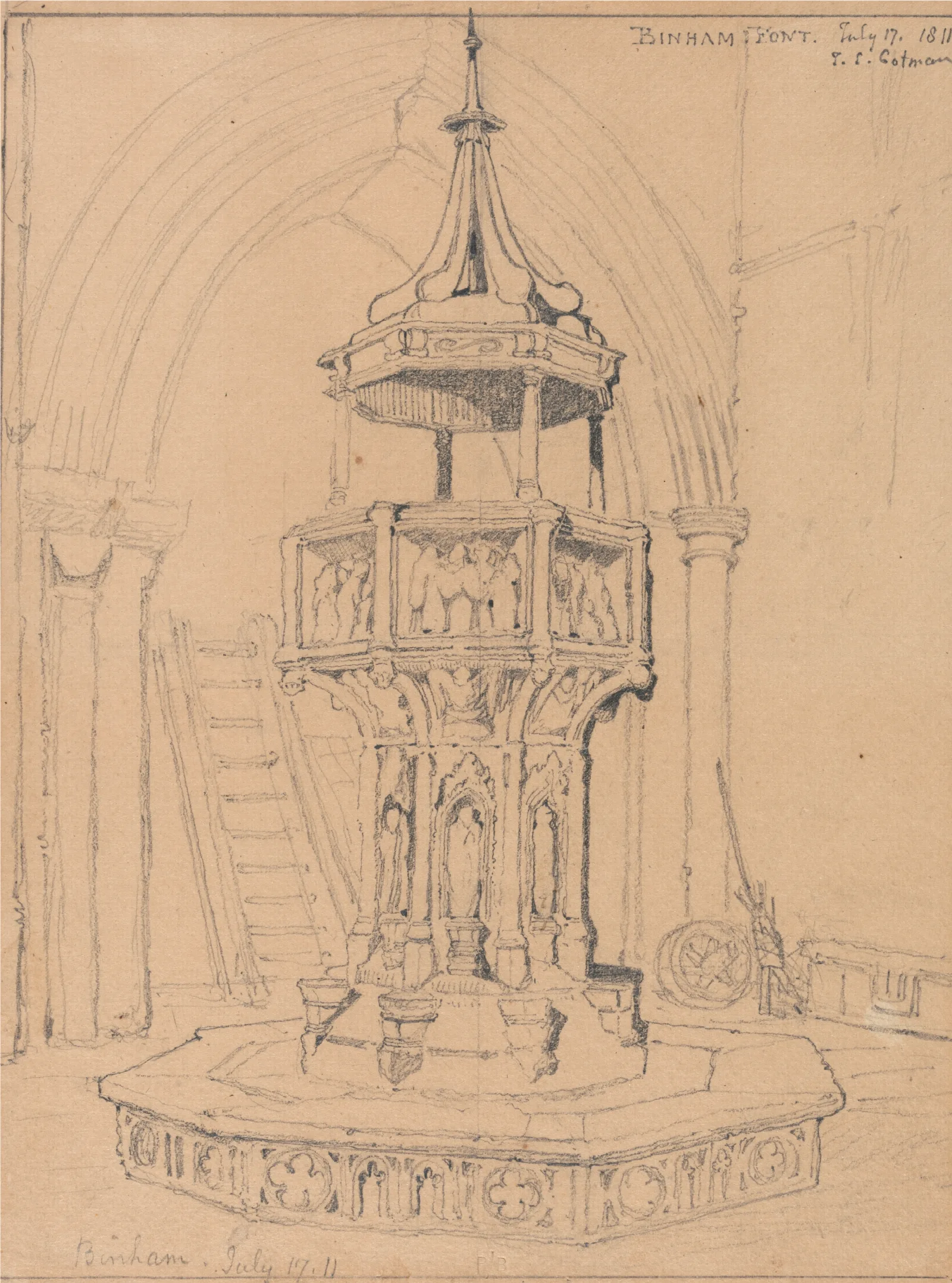 Font In Binham Church Norfolk Wall Art by John Sell Cotman - Canvas Print