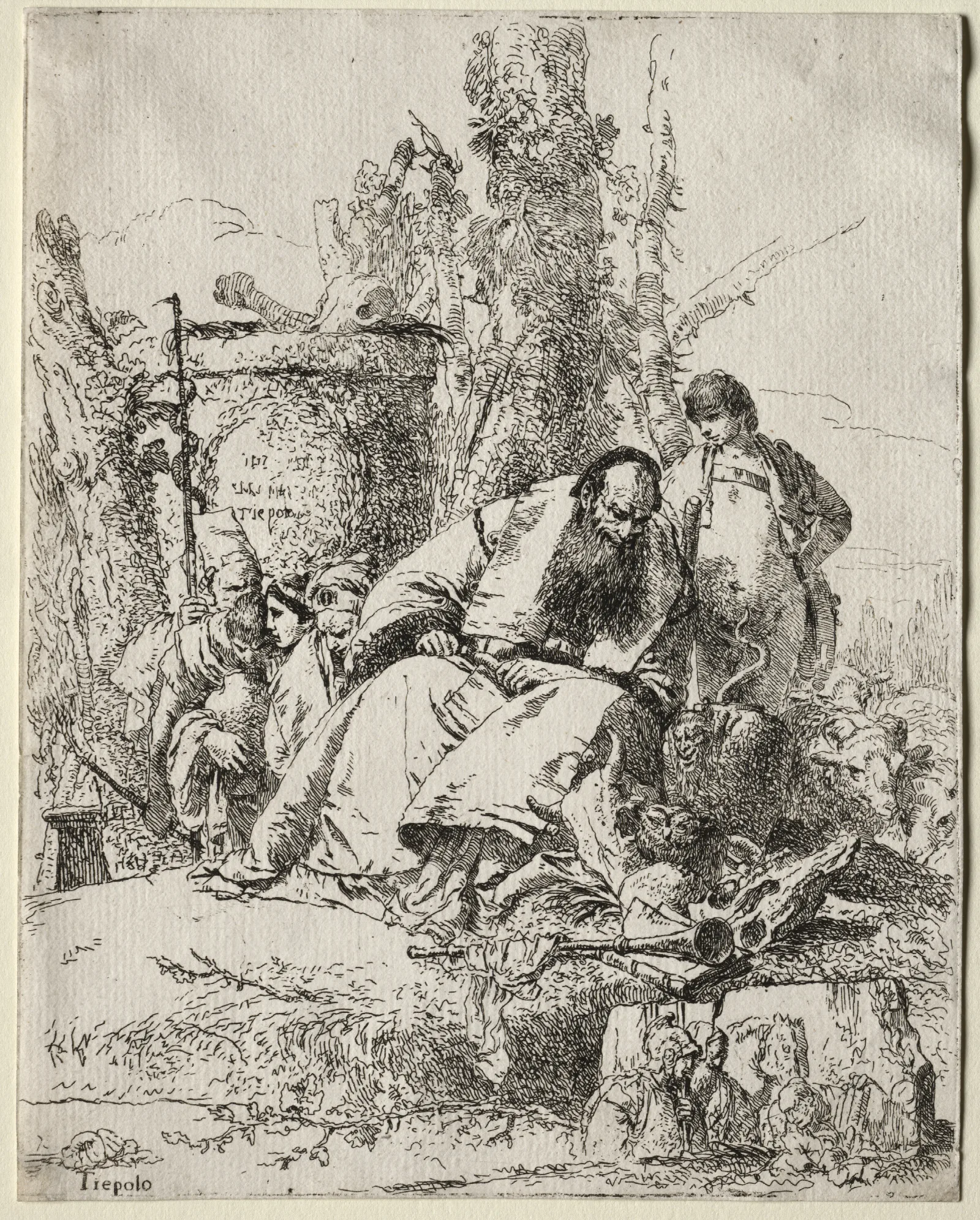 Scherzi Di Fantasia Seated Magician Boy And Four Figures Wall Art by Giovanni Battista Tiepolo - Canvas Print