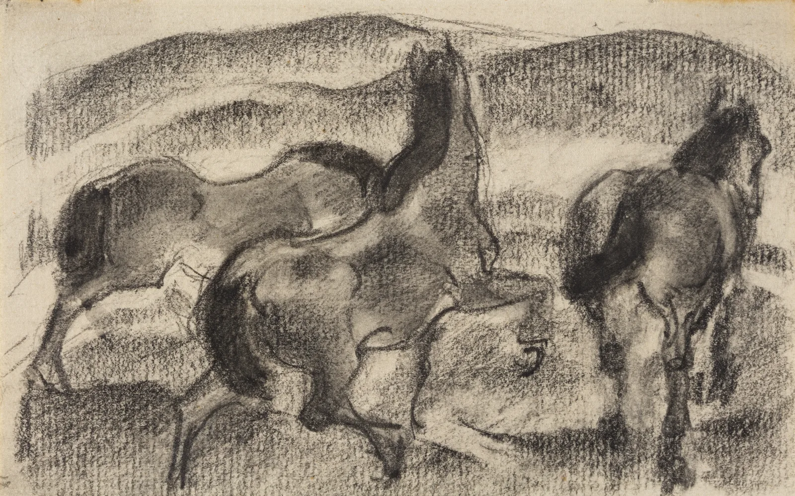 Three Horses In A Hilly Landscape Wall Art by Franz Marc - Canvas Print