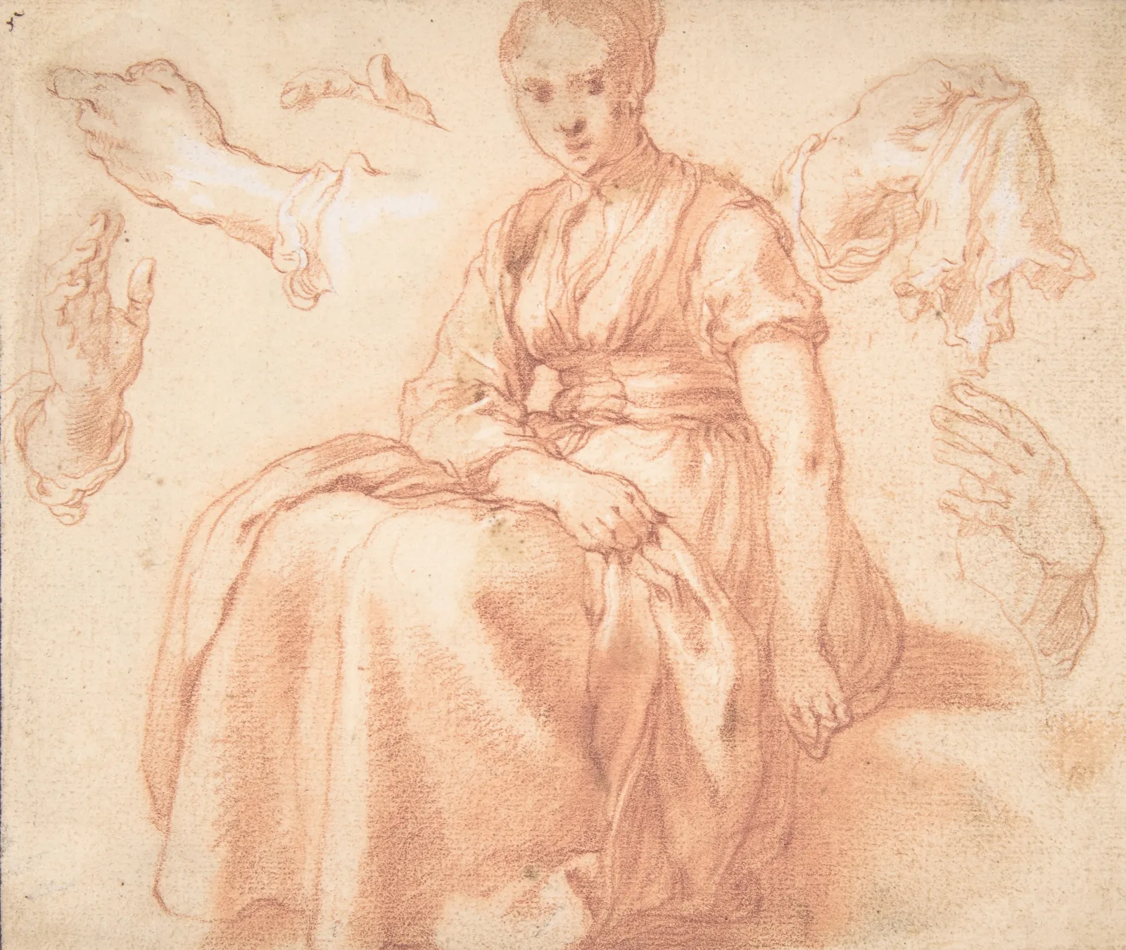 Study Of A Seated Woman And Five Studies Of Hands Wall Art by Abraham Bloemaert - Canvas Print