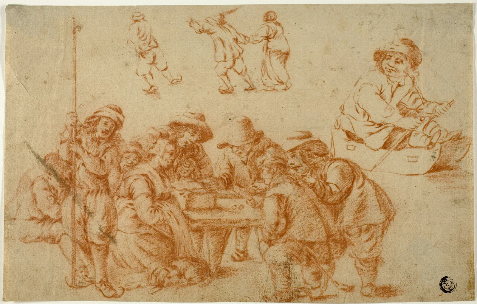 Sketches Of Peasants Playing Dice And Skating Sketch Of Boy On Sled Wall Art by Adriaen van Ostade - Canvas Print
