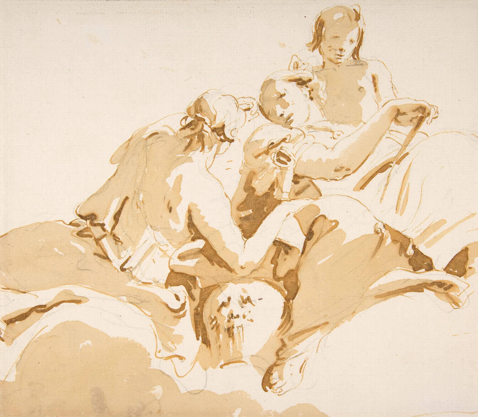 Two Seated Women And A Boy On Clouds Wall Art by Giovanni Battista Tiepolo - Canvas Print