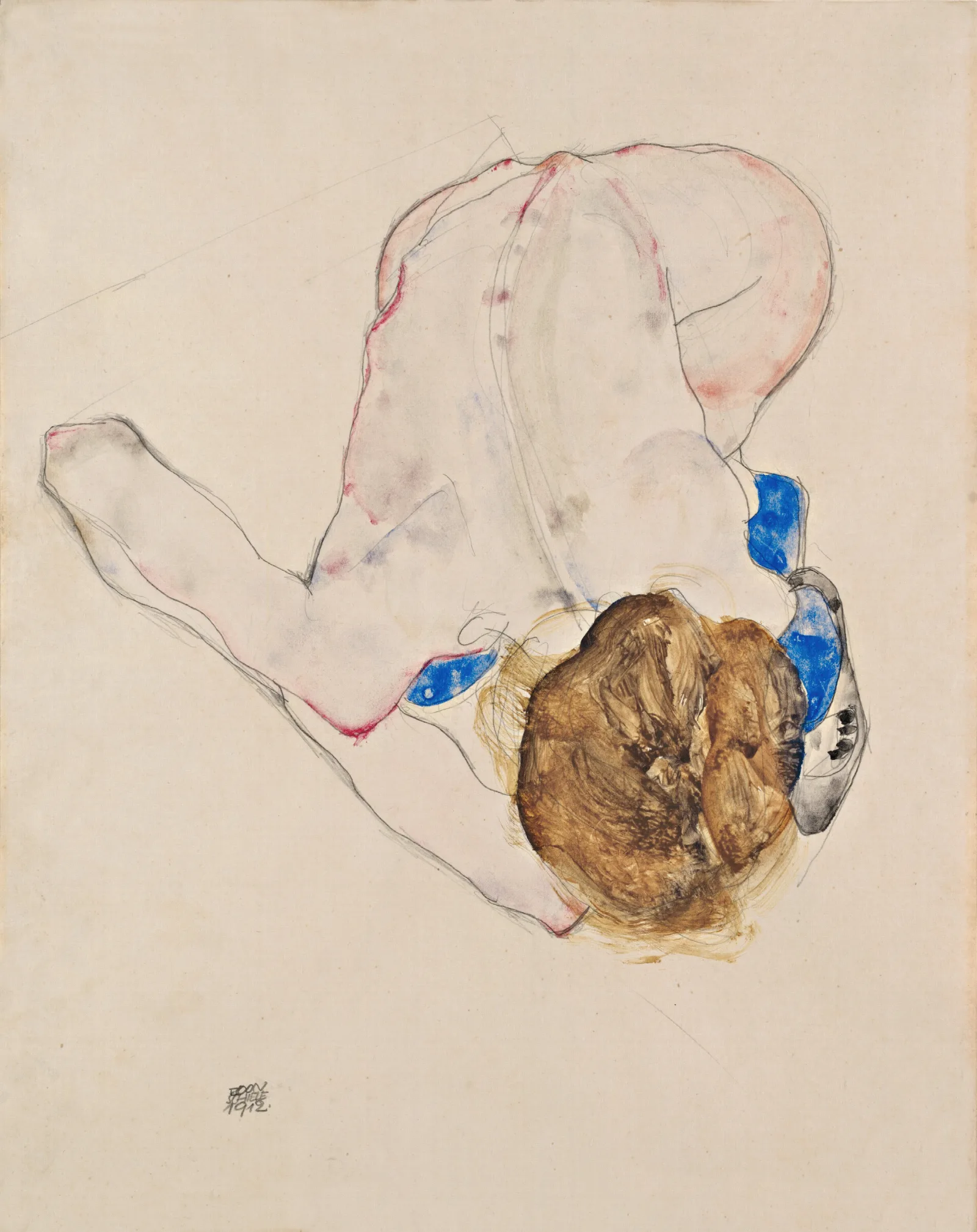 Nude With Blue Stockings Bending Forward Wall Art by Egon Schiele - Canvas Print