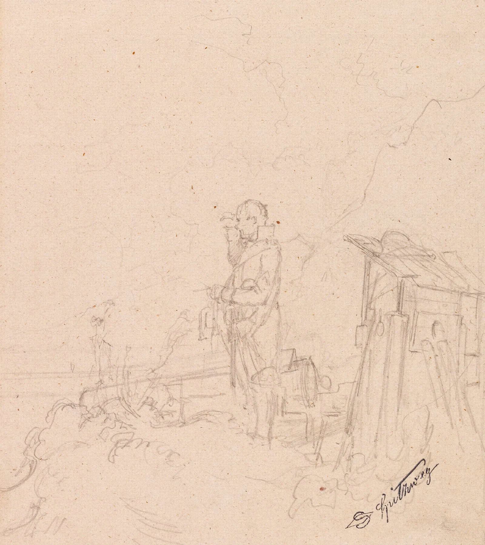 Strickende Wacht Der Kanonier Wall Art by Carl Spitzweg - Canvas Print