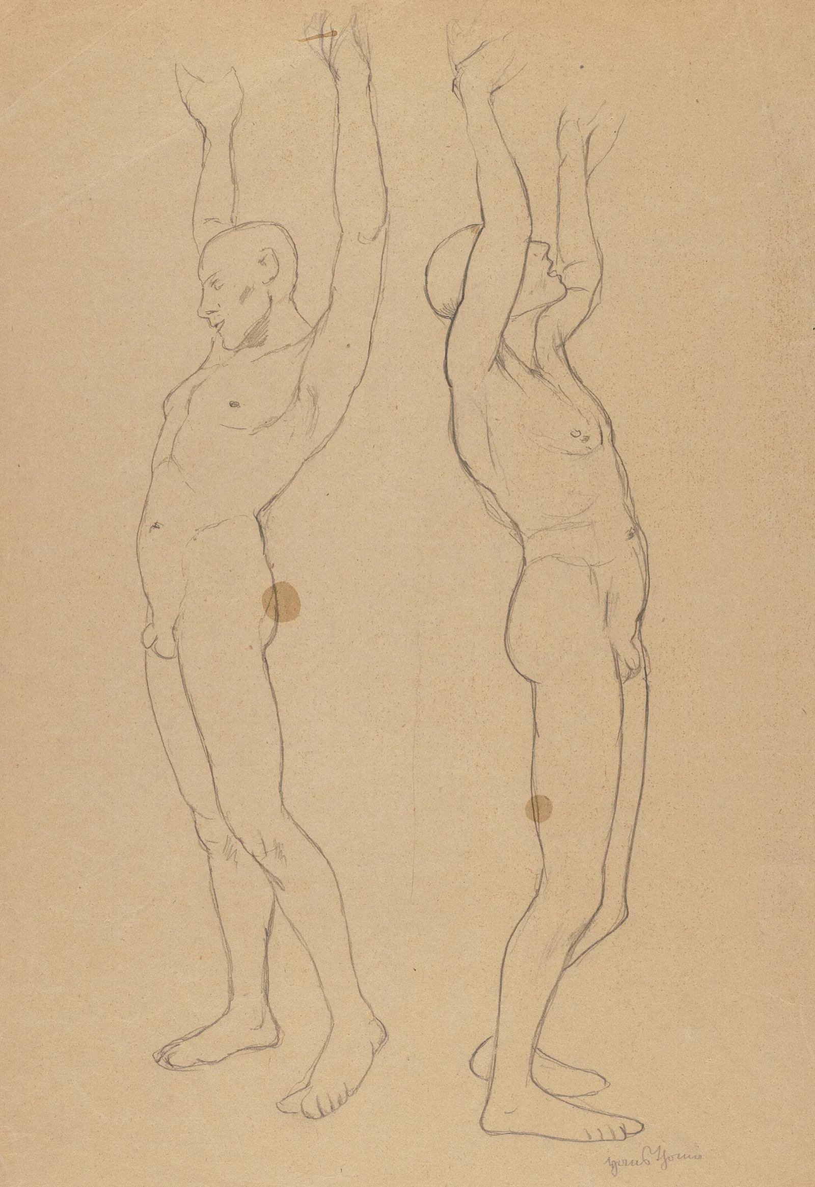Two Male Nudes With Raised Hands Wall Art by Hans Thoma - Canvas Print