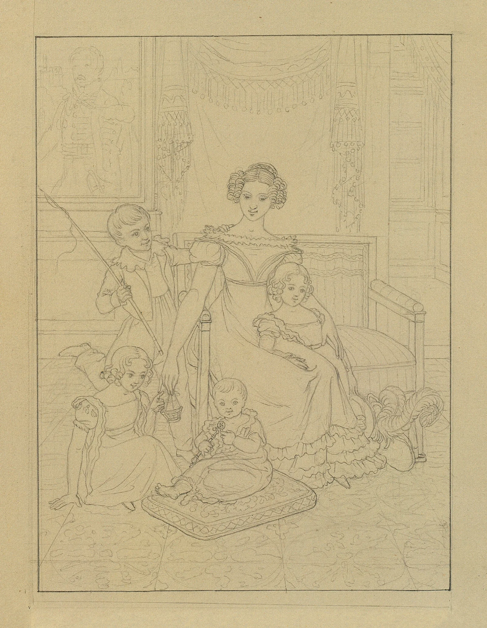 Konturzeichnung Einer Mutter Mit Vier Kindern Wall Art by Johann Peter Krafft - Canvas Print