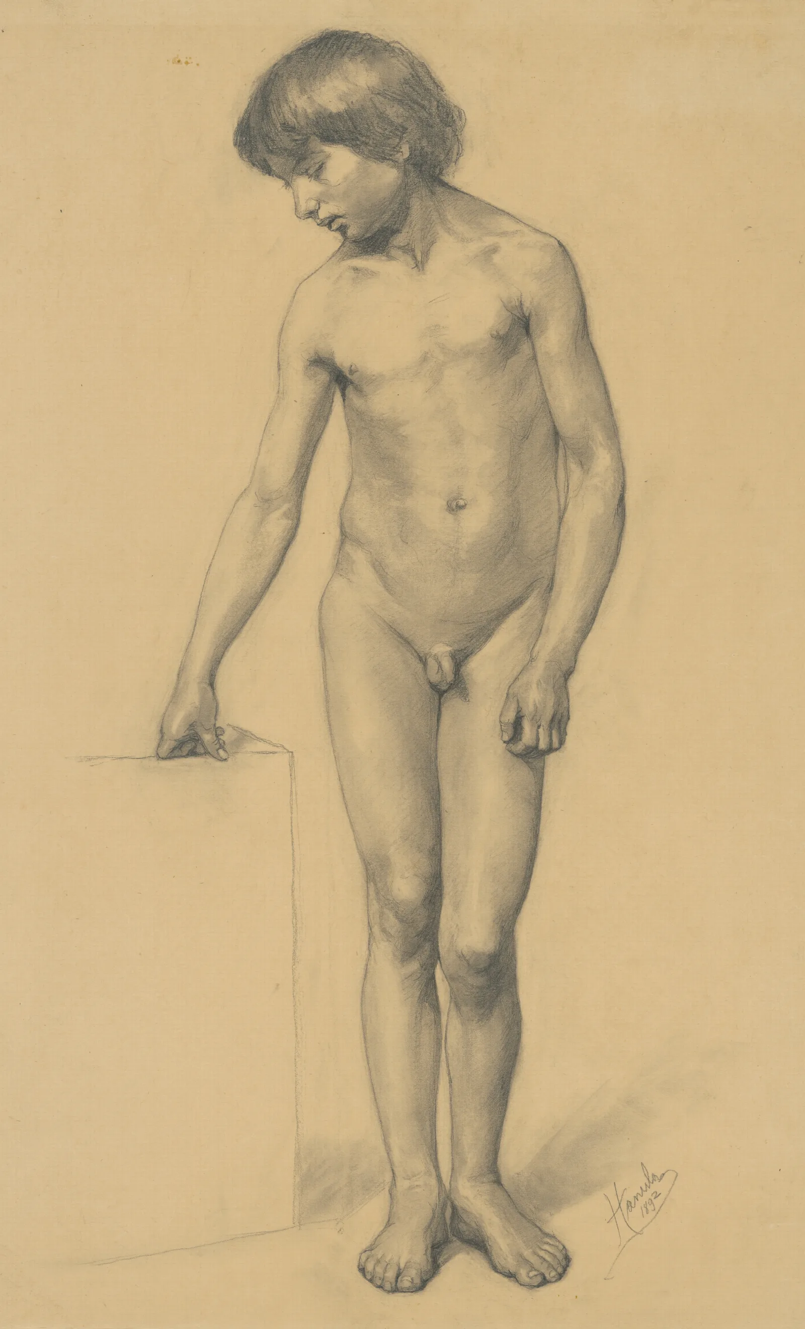 A Study Of A Boys Nude Resting On A Pedestal Wall Art by Jozef Hanula - Canvas Print
