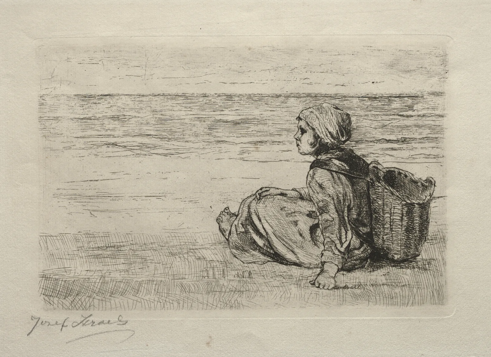Girl With Basket Seated On The Shore Wall Art by Jozef Israëls - Canvas Print