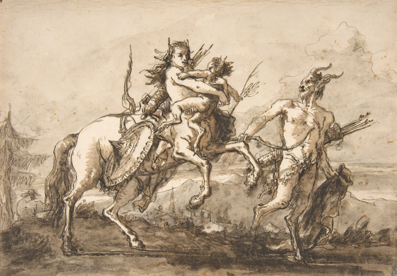 Satyr Leading A Centauress Who Holds A Satyr Child Wall Art by Giovanni Domenico Tiepolo - Canvas Print