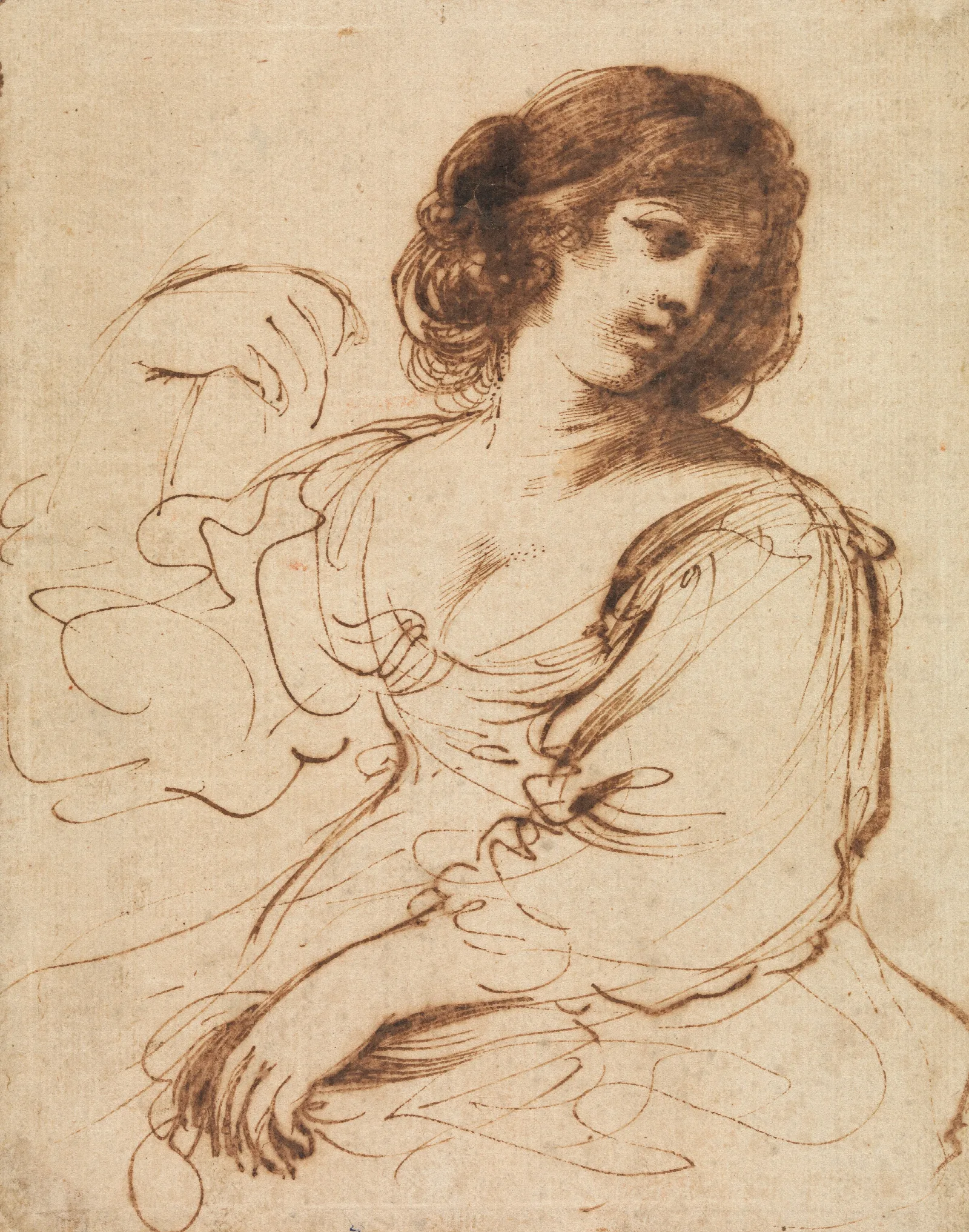 A Seated Young Woman Looking Over Her Shoulder Wall Art by Guercino - Canvas Print