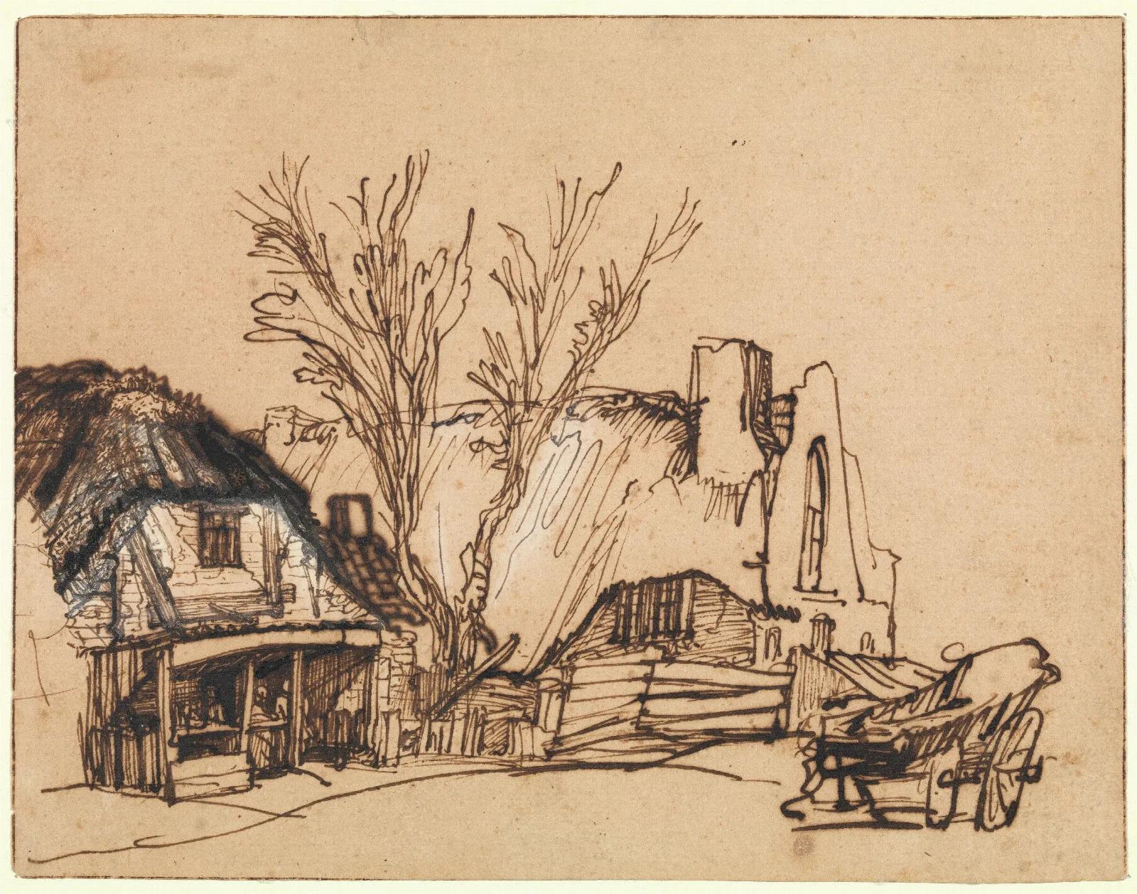 Two Cottages Wall Art by Rembrandt van Rijn - Canvas Print