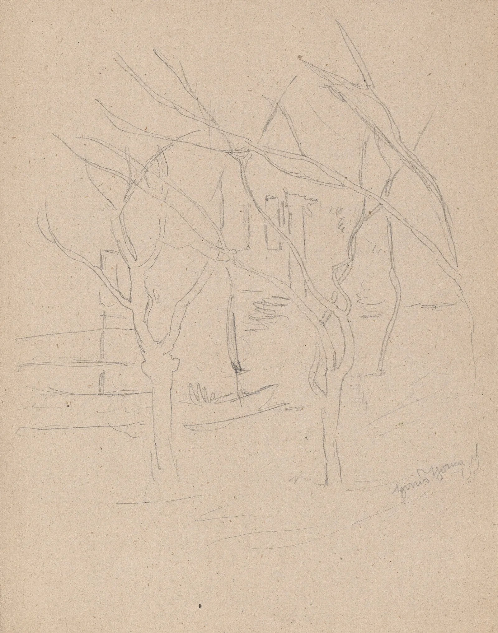 Crossing Tree Limbs Against The Background Of Rural Buildings Wall Art by Hans Thoma - Canvas Print