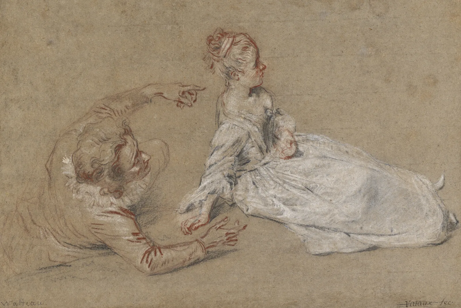 A Man Reclining And A Woman Seated On The Ground Wall Art by Jean-Antoine Watteau - Canvas Print