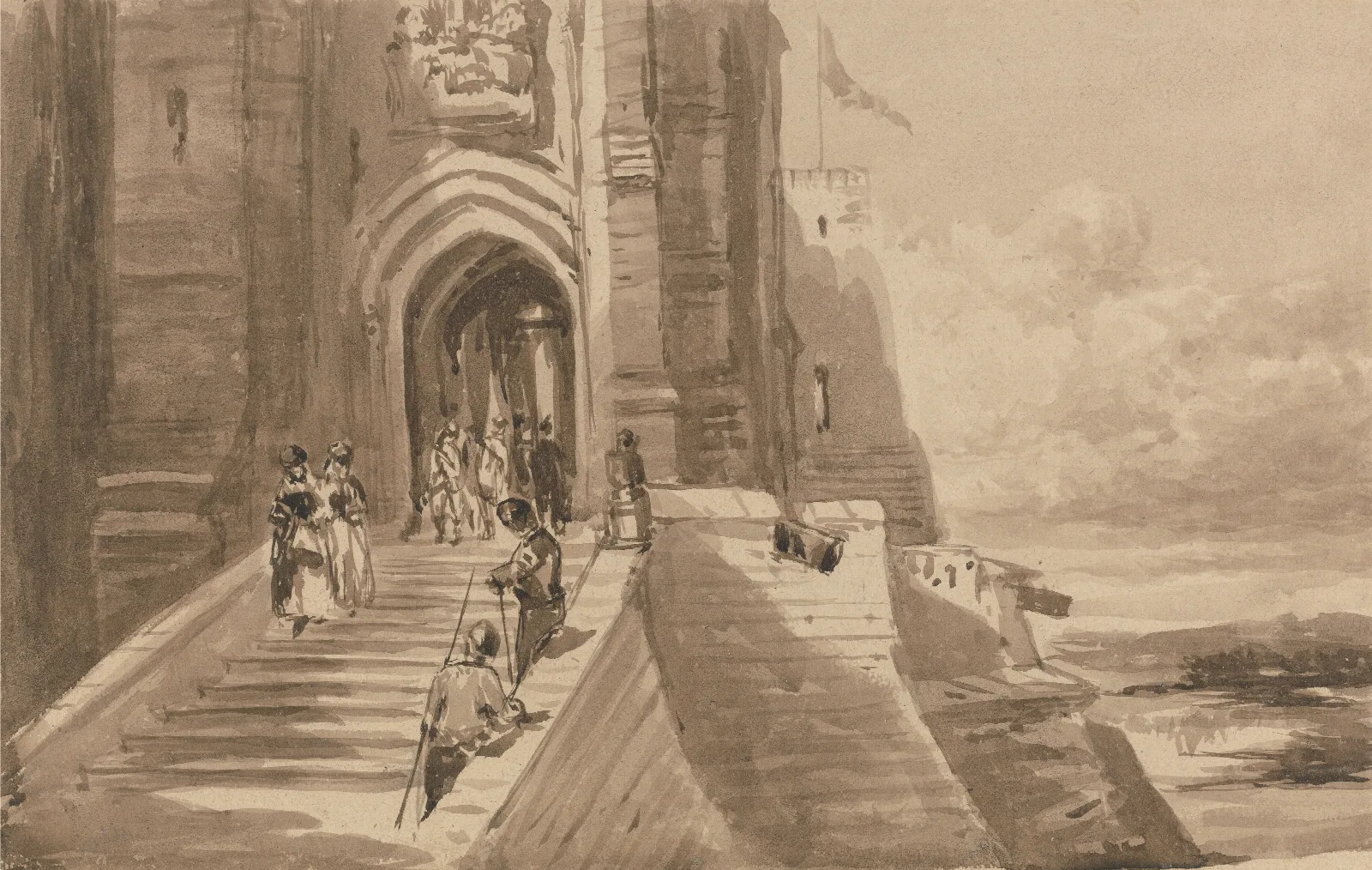 Figures On The Outer Staircase Of A Castle Wall Art by David Cox - Canvas Print