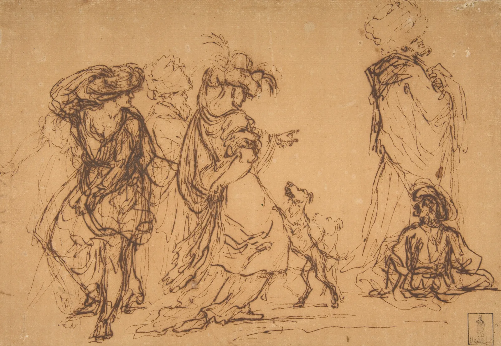 Five Figures In Fantastic Costumes With Two Dogs Wall Art by Salvator Rosa - Canvas Print