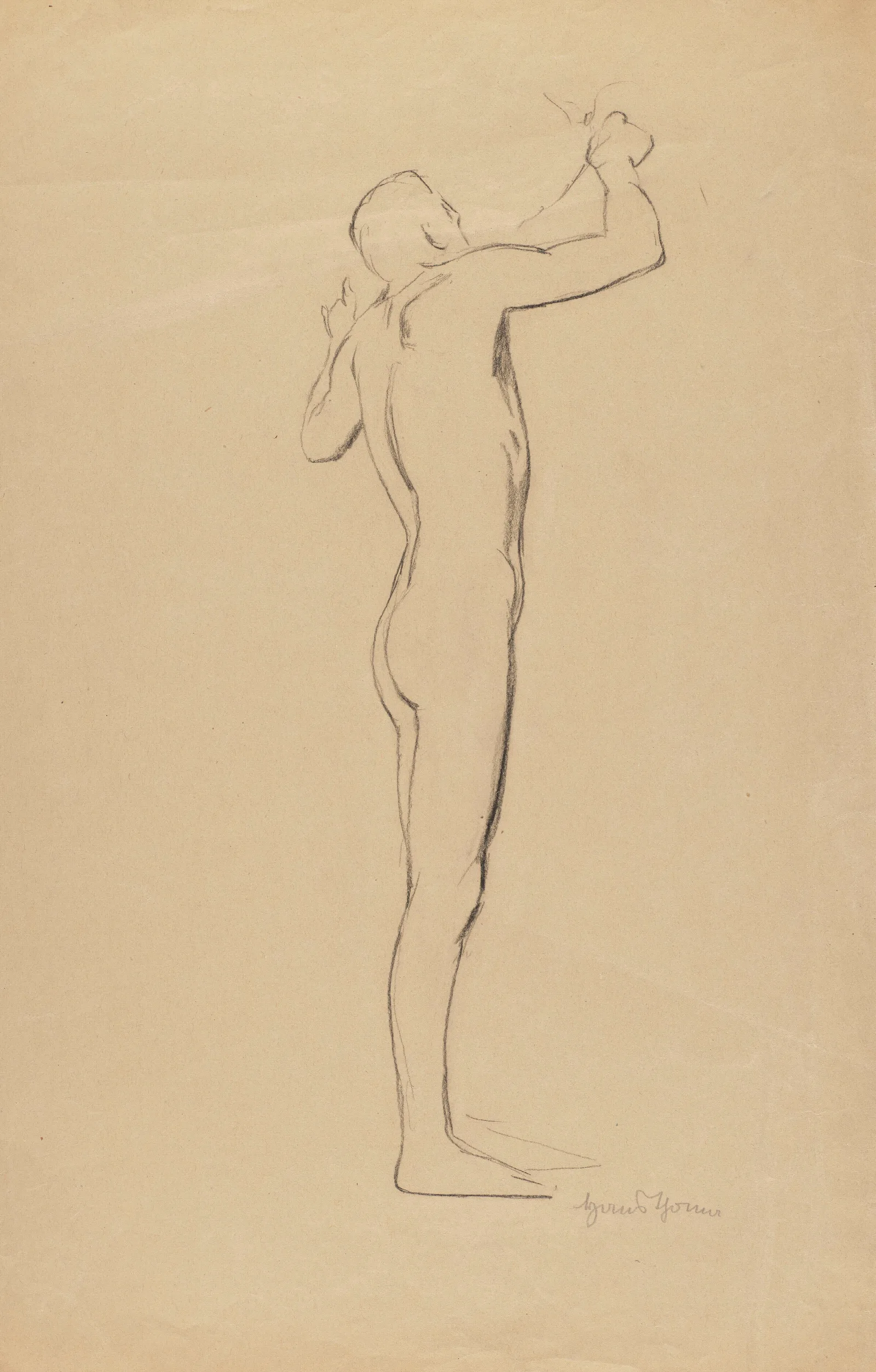 Male Nude With Raised Hands Standing With His Back To The Viewer Wall Art by Hans Thoma - Canvas Print