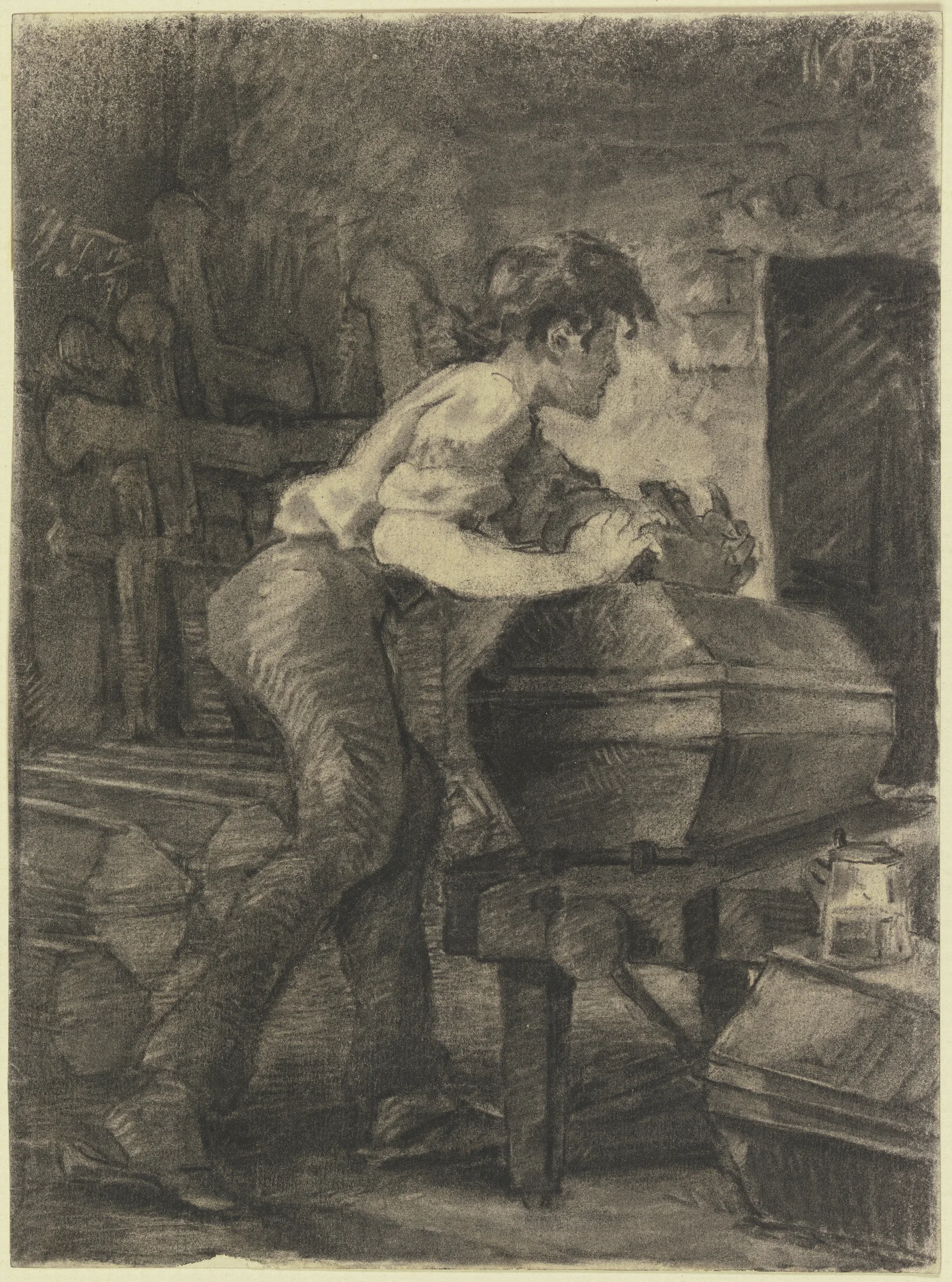 Ein Junger Schreiner Hobelt In Der Werkstatt An Einem Sarg Wall Art by Wilhelm Trübner - Canvas Print