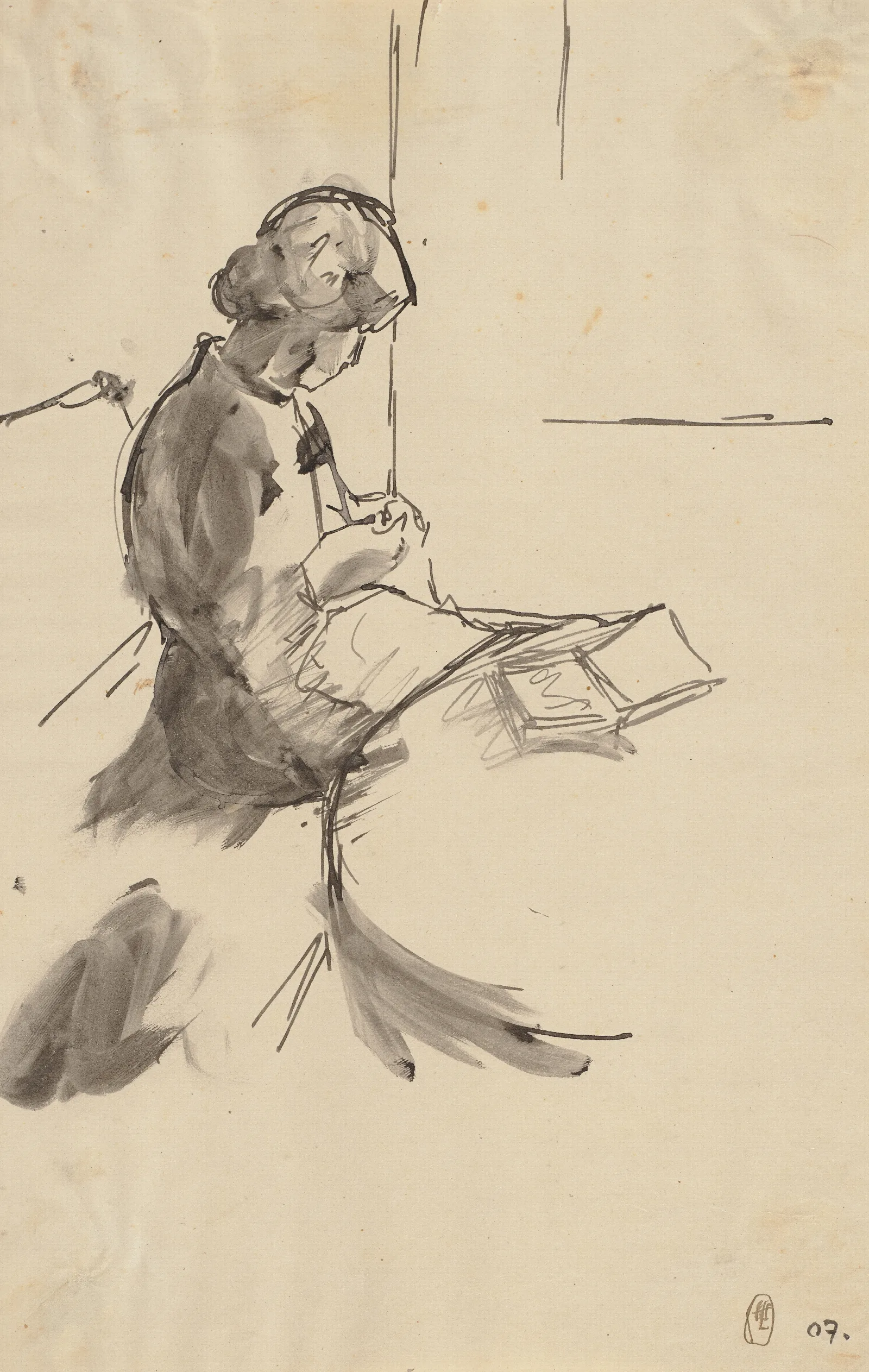 Strickende Frau Auf Dem Tisch Ein Buch Liegend Wall Art by Hermann Lismann - Canvas Print