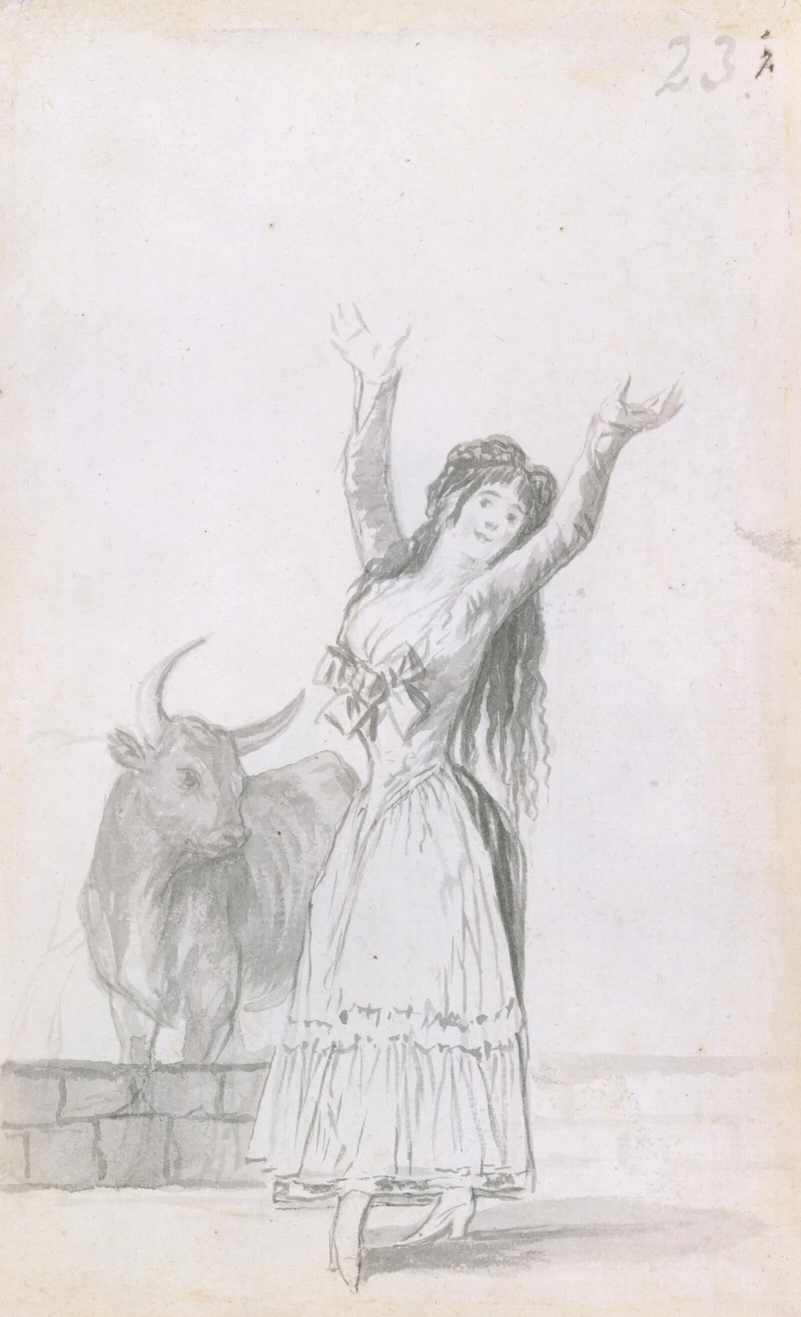 A Young Woman Dancing Her Arms Raised A Bull In The Background Wall Art by Francisco de Goya - Canvas Print