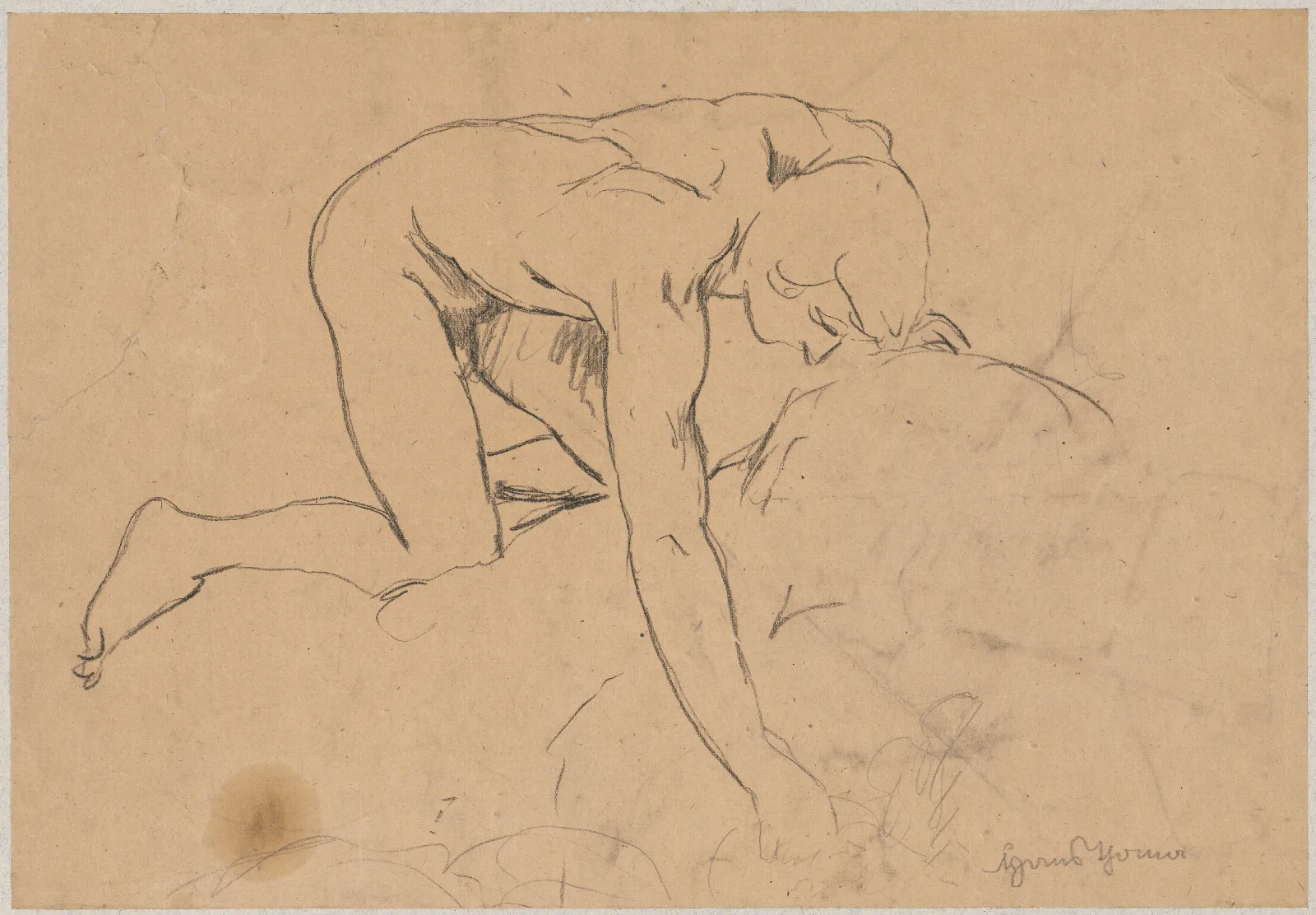 Naked Young Man Kneeling On A Rock And Reaching Out To A Spring With His Hand Wall Art by Hans Thoma - Canvas Print