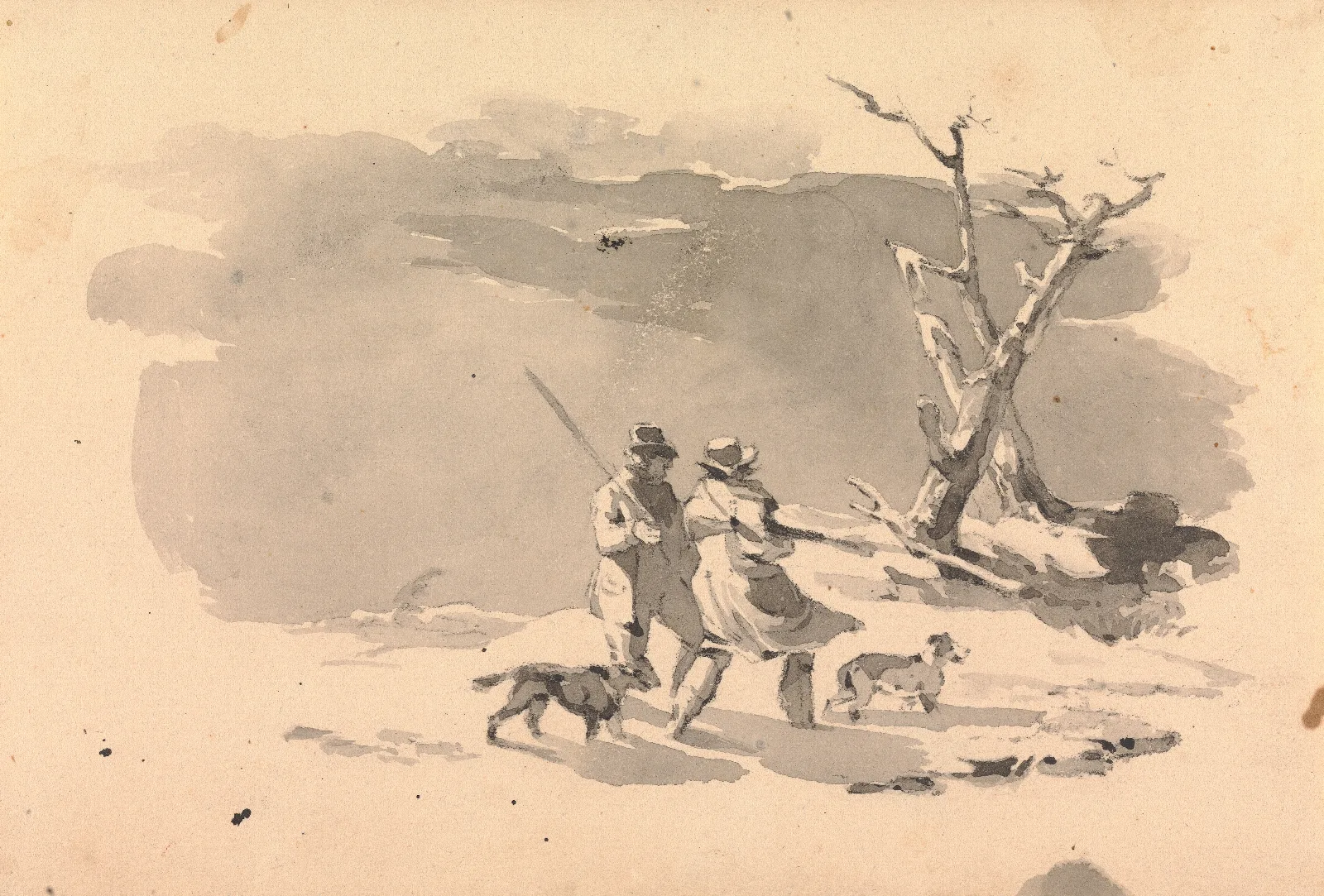 Two Hunters And Two Dogs In Winter Scene Wall Art by Thomas Sully - Canvas Print